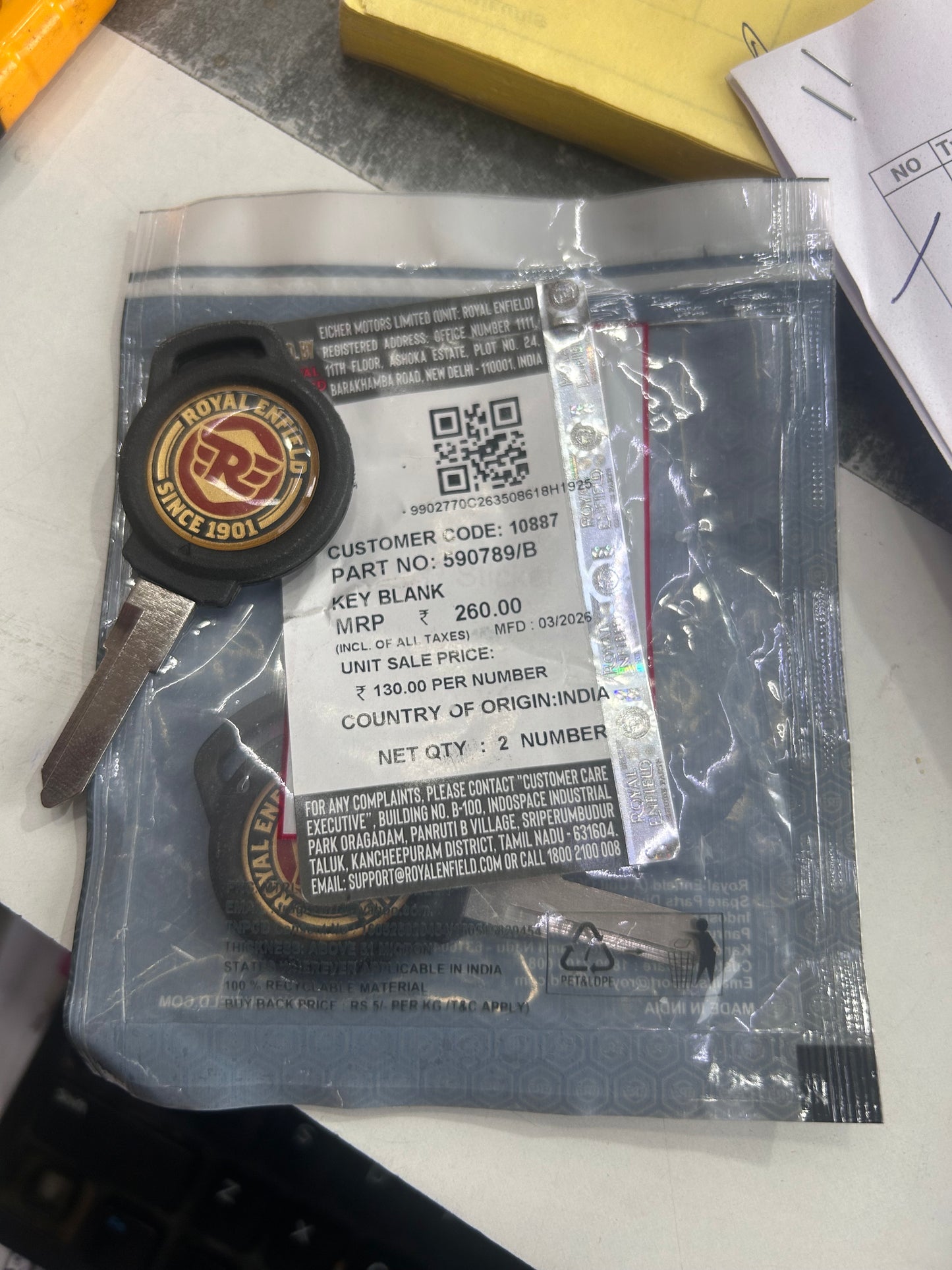 Royal Enfield Key Blank (Ignition/Fuel/Side-lock) — Bullet 350 KS – BS3 (Verified) — 590789