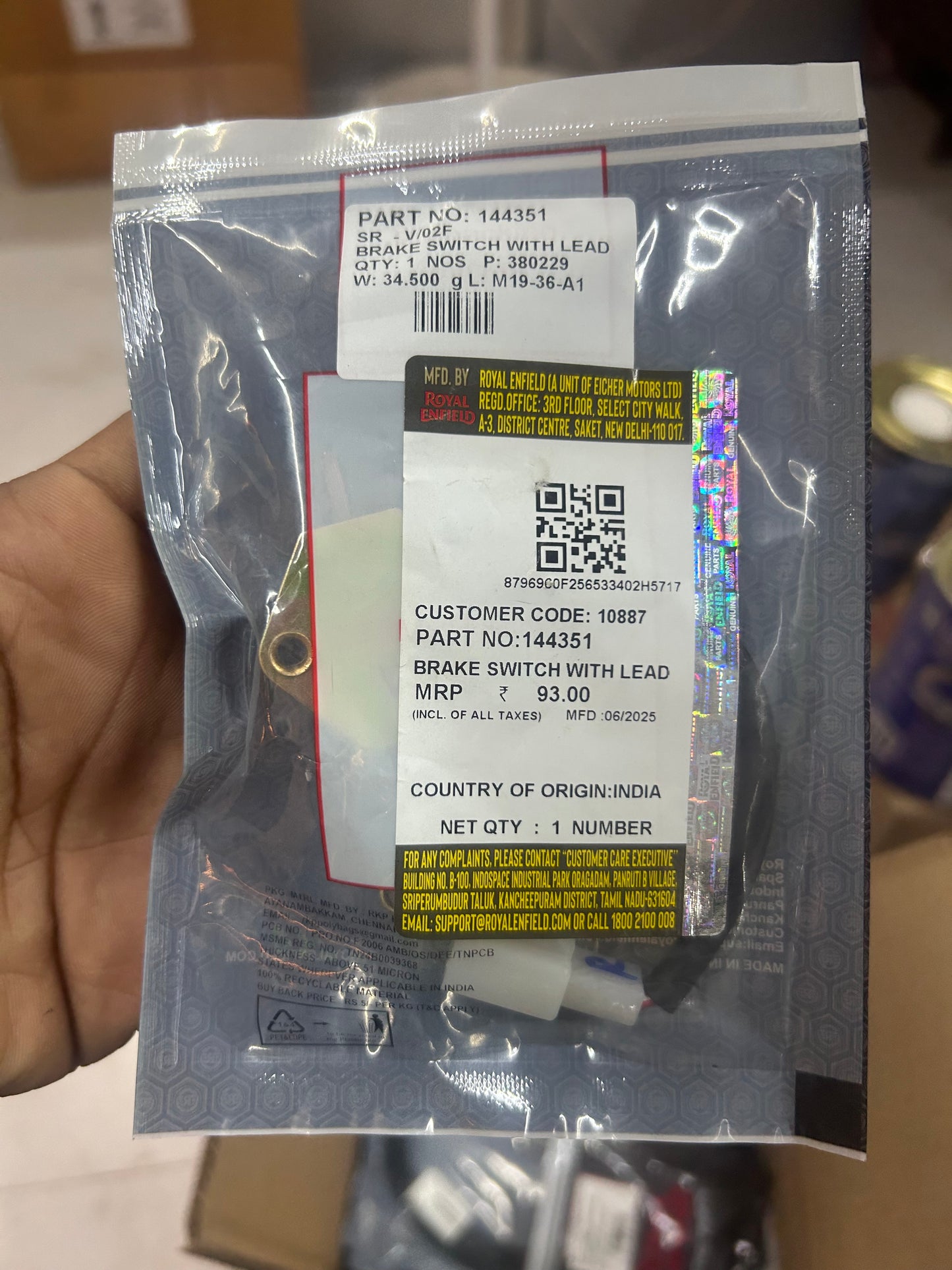 Royal Enfield 144351 Rear Brake Light Switch with Lead – OEM for Bullet & Electra Classic (Pre-UCE)