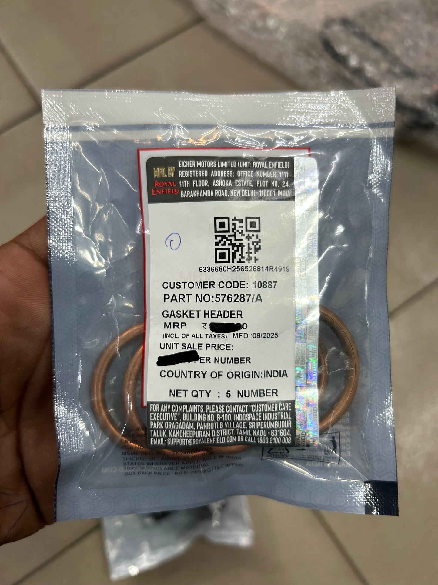 Royal Enfield 576287/A Exhaust Header Gasket – OEM Copper Gasket for Interceptor 650 & Continental GT 650 (Twin Cylinder)