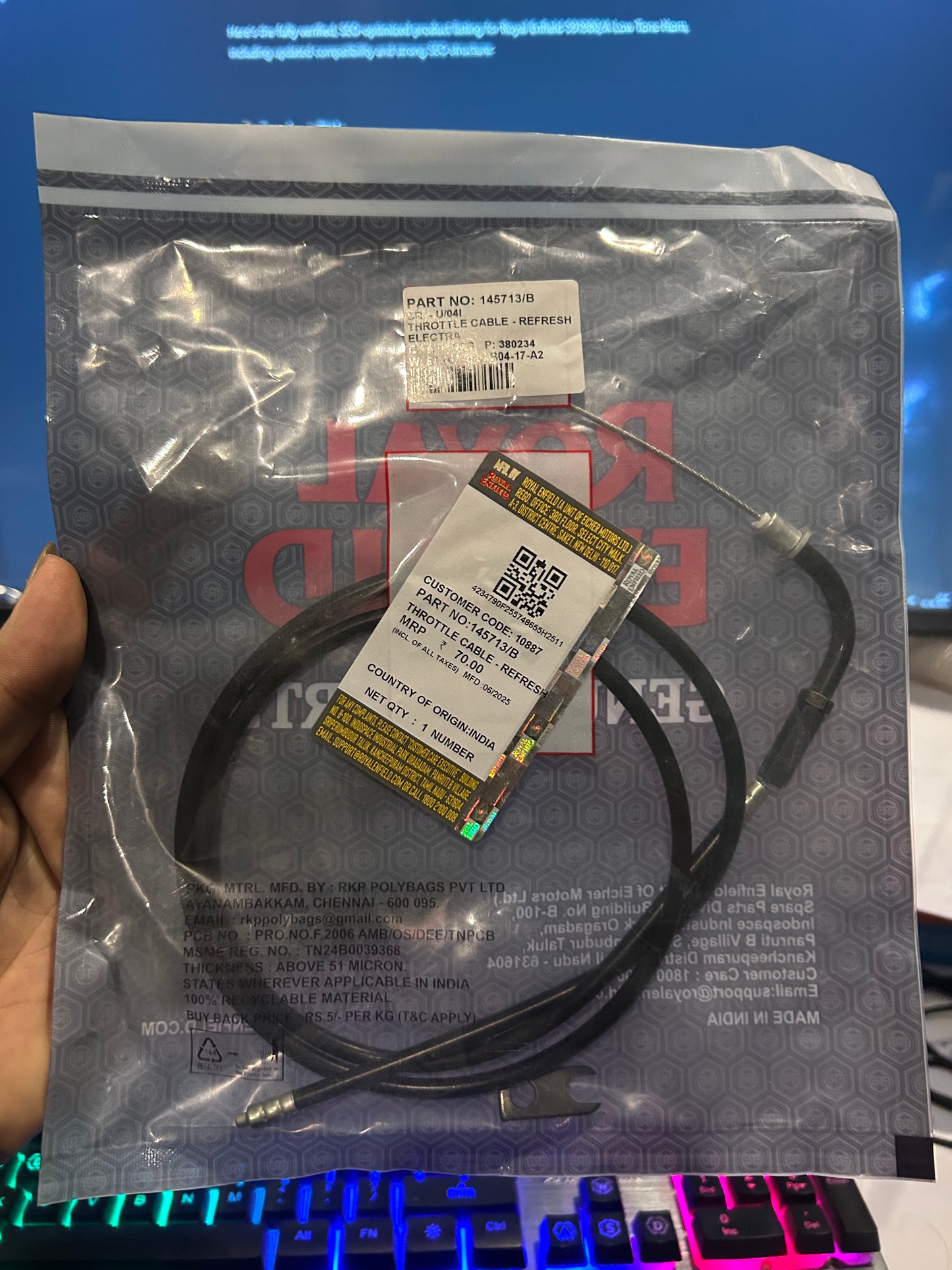 Royal Enfield 145713/B – Genuine Throttle Cable (Bend Type) for Electra & Standard 350/500 – 5-Speed Models