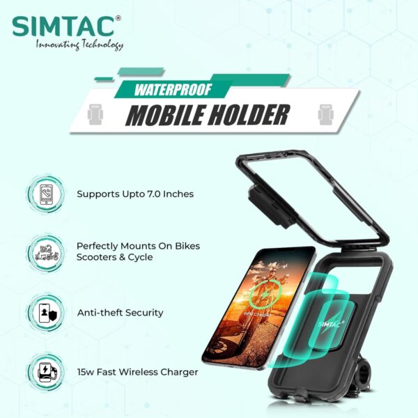 SIMTAC Mobile Holder Waterproof Wireless Charger With USB C For Bikes/  Scooters| MHWPWC-15C