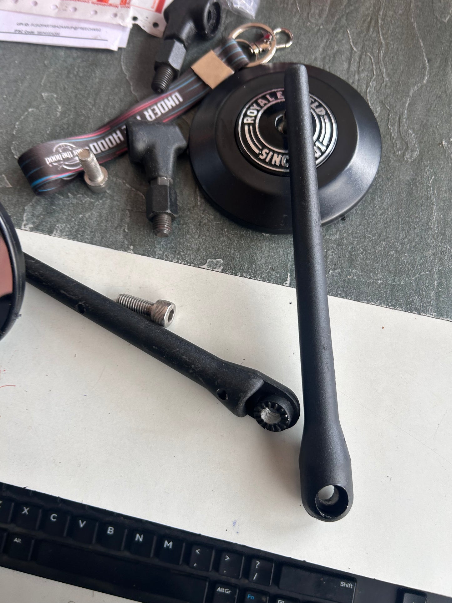 Royal Enfield Touring Mirror Set Replica (Pair) – “Since 1901” Round Black Mirrors + Yoke Fitting/Adapters