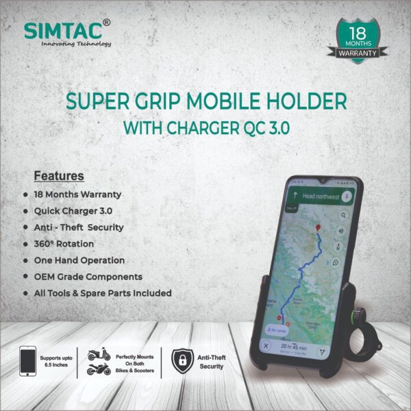 SIMTAC Super Grip Mobile Holder with charger QC Bikes/ Scooters| MHC3