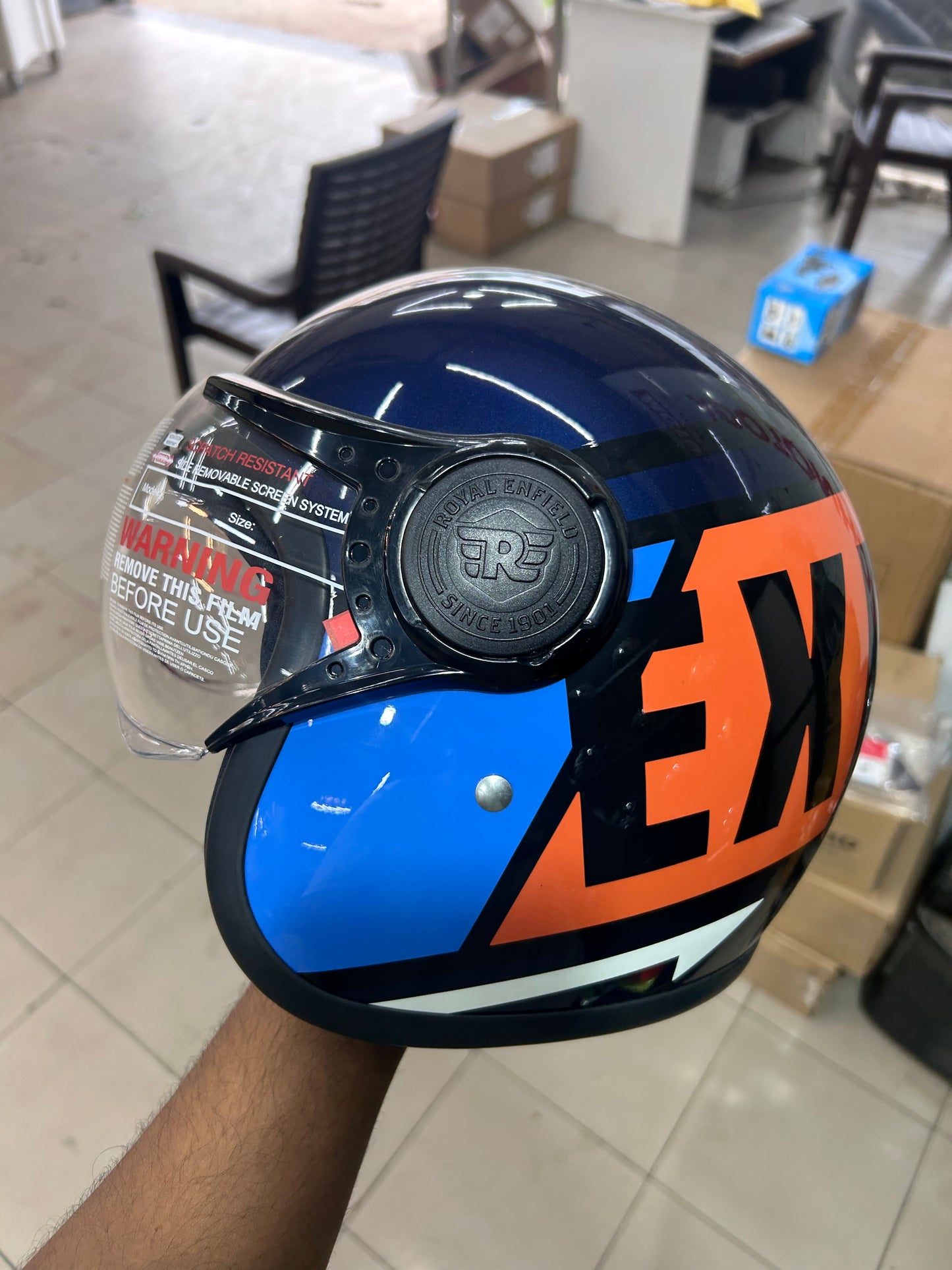 Royal Enfield Jet Open Face Helmet – EXPLORE Orange Blue Design – XL (62 cm) – ISI & DOT Certified