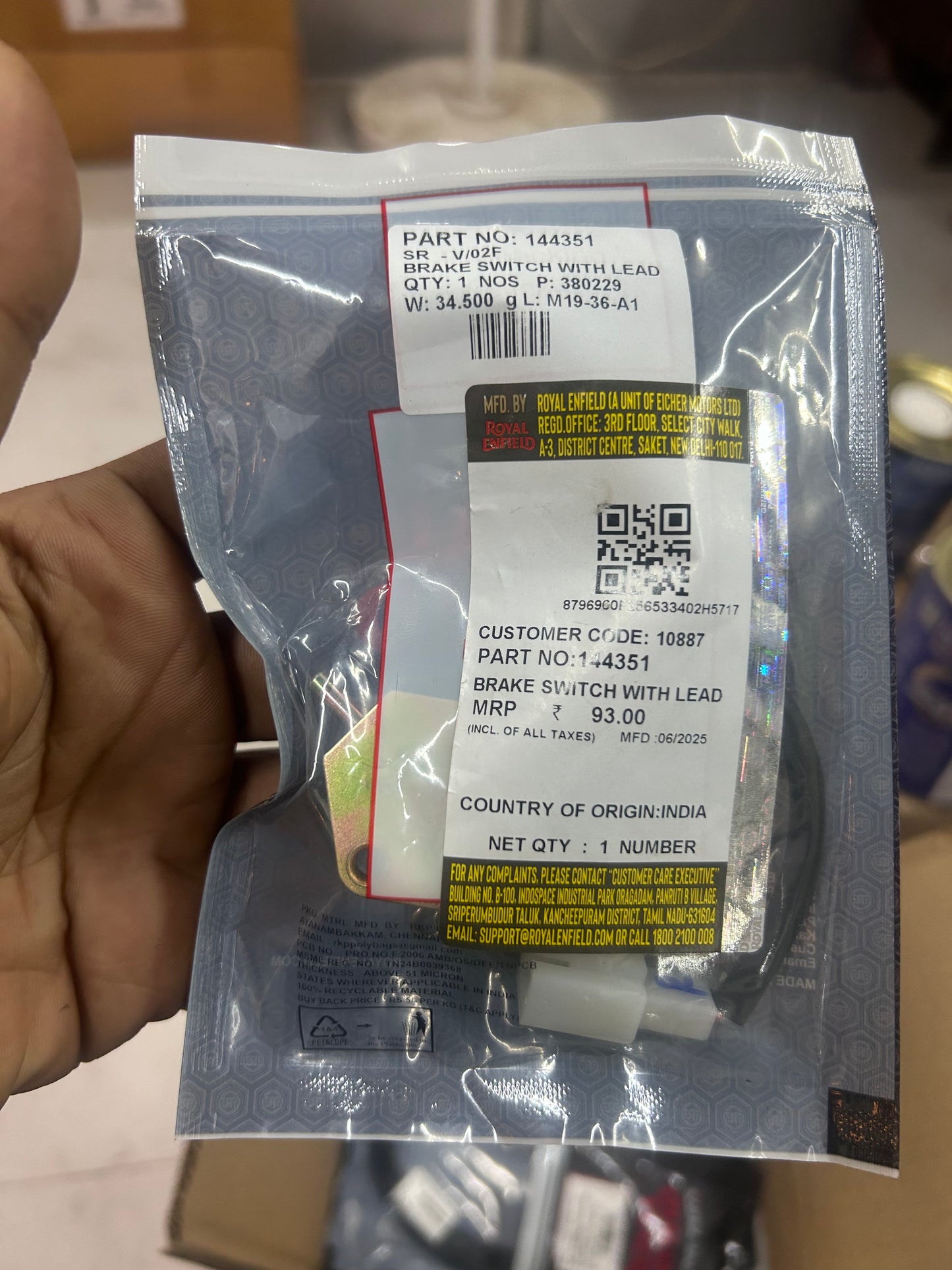 Royal Enfield 144351 Rear Brake Light Switch with Lead – OEM for Bullet & Electra Classic (Pre-UCE)