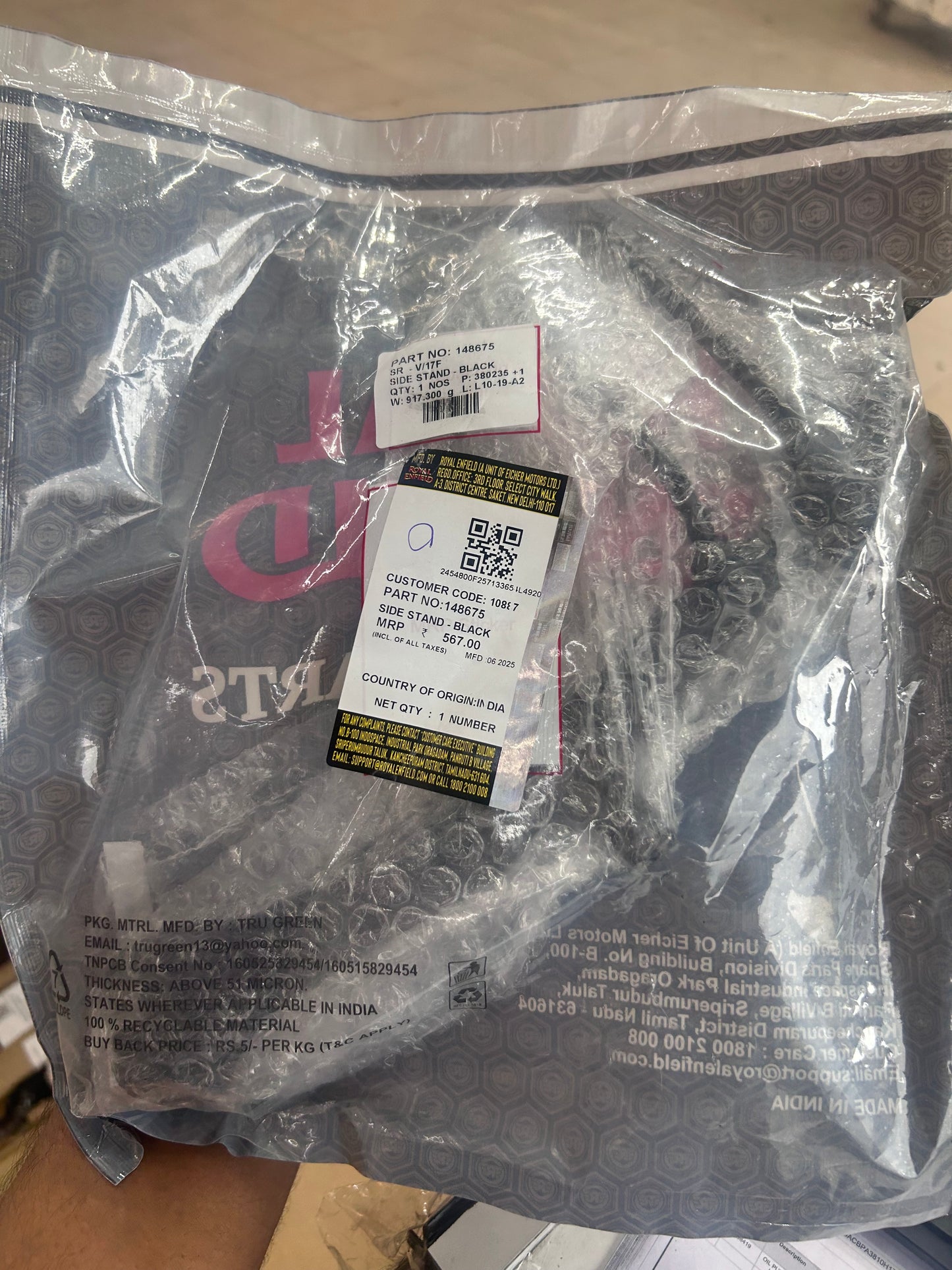 Royal Enfield 148675/A – Powder‑Coated Side Stand Assembly (Black) for 650 Twins