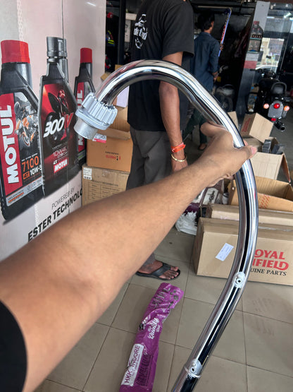 HKK Indore “C” Type Bend Pipe (Chrome, 38mm) for Royal Enfield UCE BS3/BS4 – Without O2 Sensor Port – Code HKKB1A