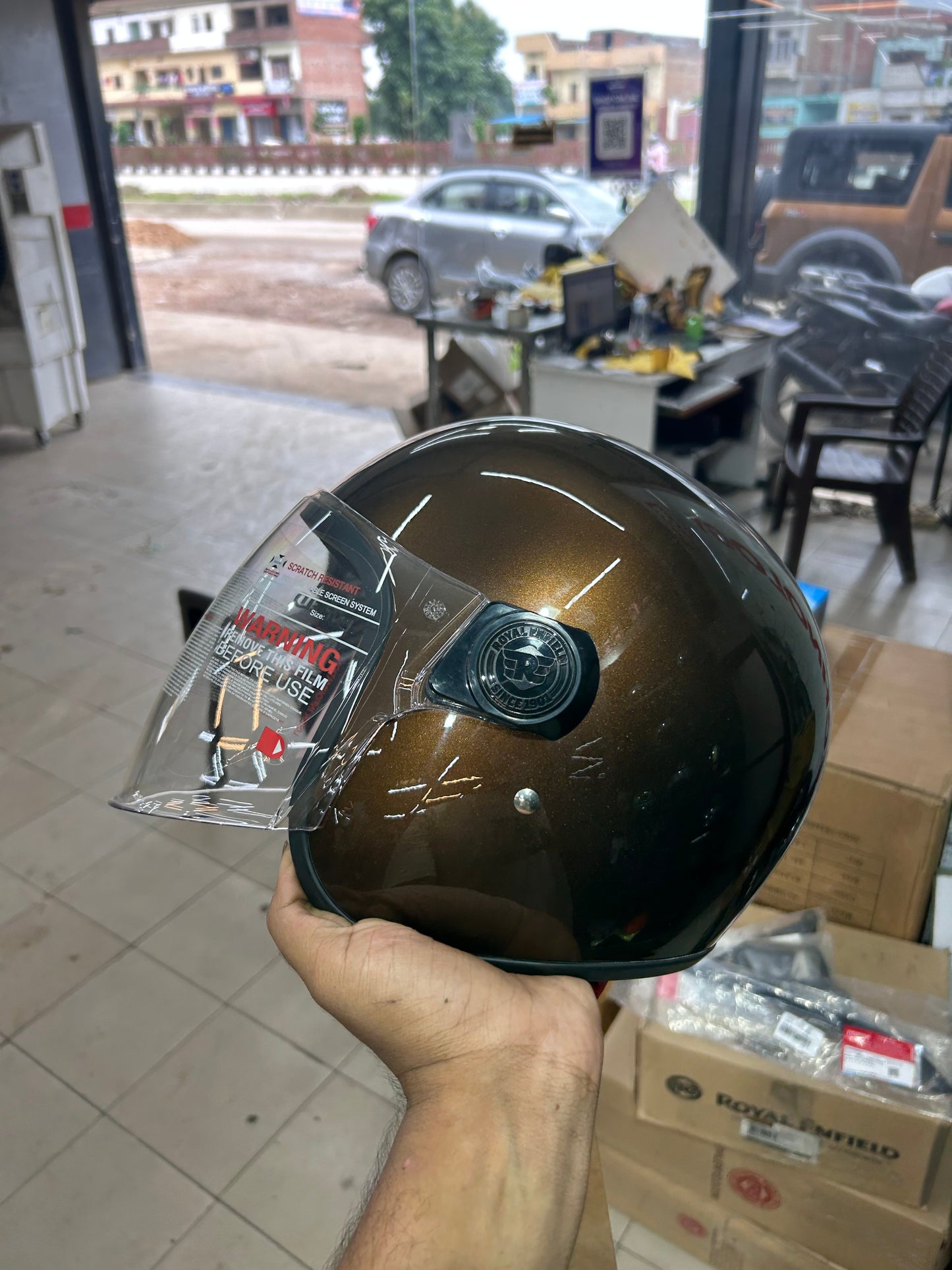 Royal Enfield Jet Open Face Helmet – OP MLG – Gloss Brown – Size L (58cm) – HESS22001 – RRGHEP000390