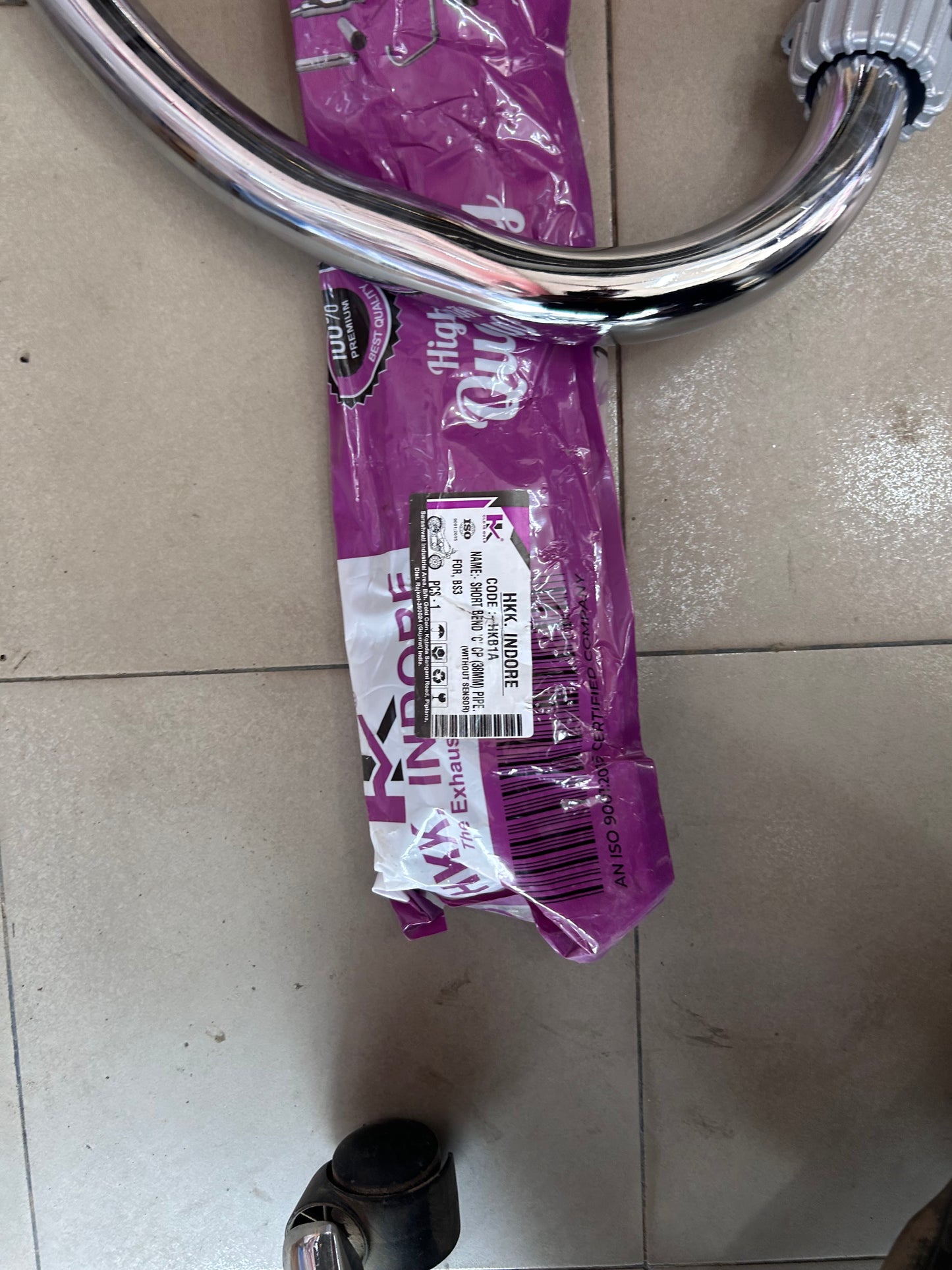 HKK Indore “C” Type Bend Pipe (Chrome, 38mm) for Royal Enfield UCE BS3/BS4 – Without O2 Sensor Port – Code HKKB1A