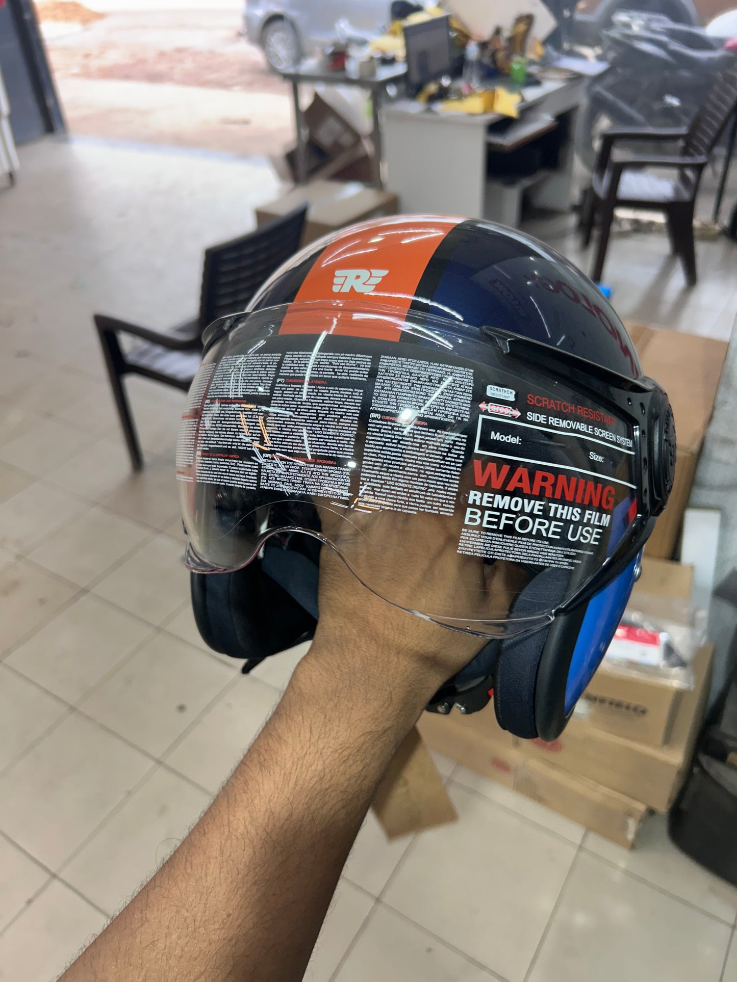 Royal Enfield Jet Open Face Helmet – EXPLORE Orange Blue Design – XL (62 cm) – ISI & DOT Certified