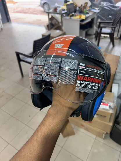 Royal Enfield Jet Open Face Helmet – EXPLORE Orange Blue Design – XL (62 cm) – ISI & DOT Certified