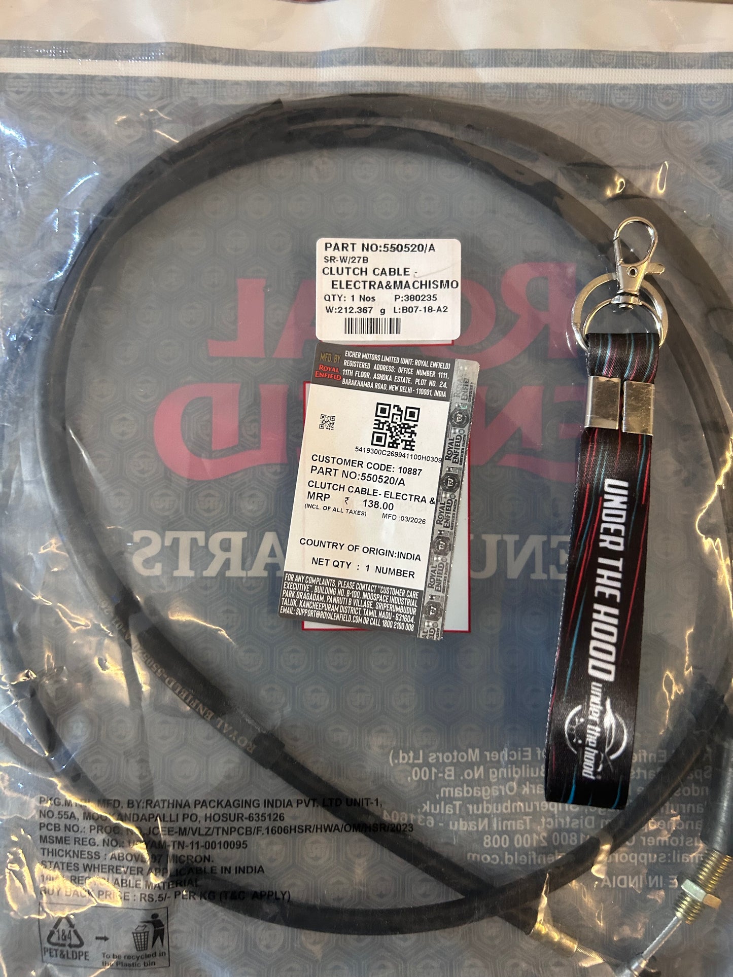 Genuine Clutch Cable for Royal Enfield Electra 5S & Machismo (5-Speed) – 550520/A (Also listed as 550520-A, 550520A)