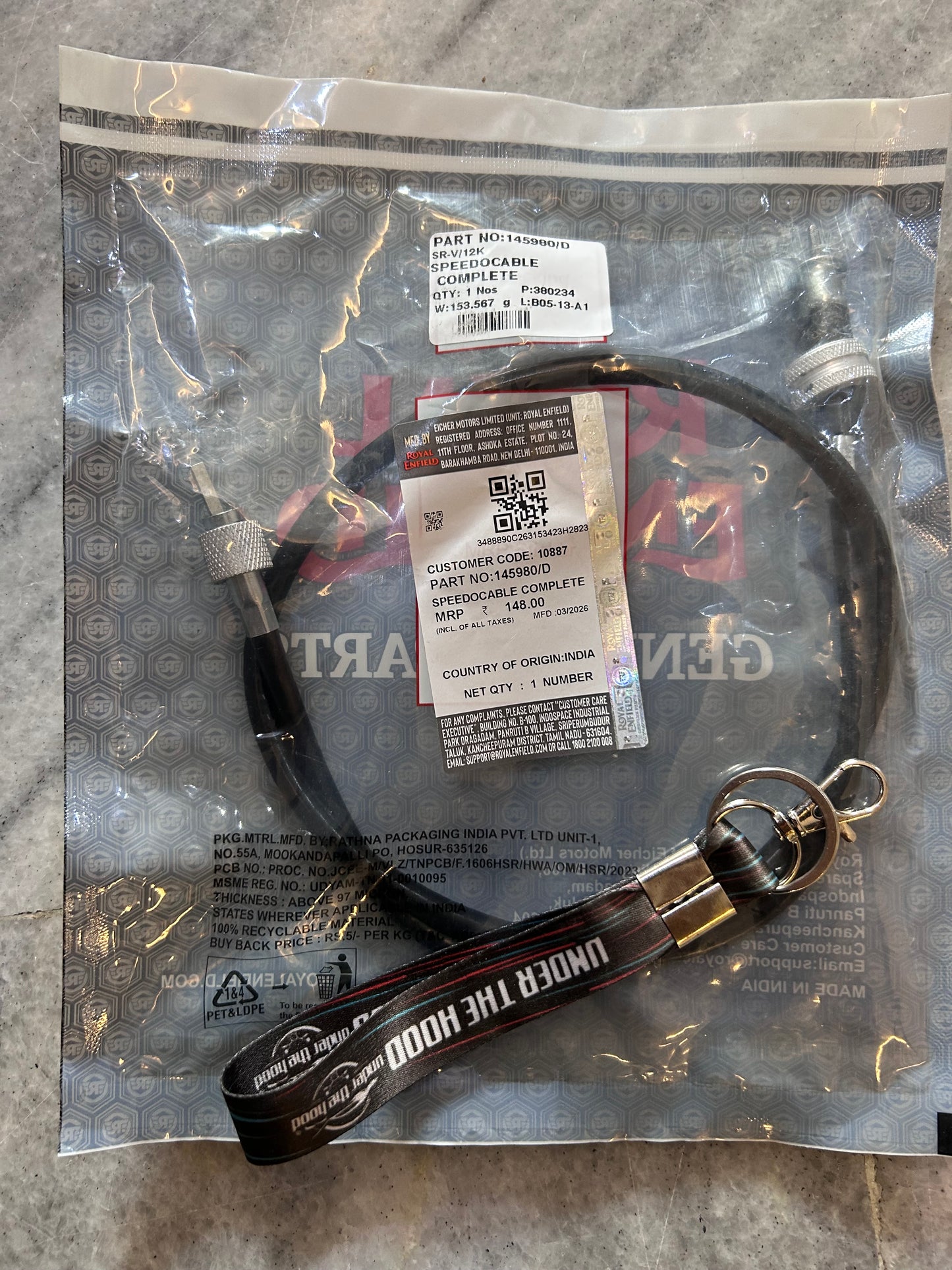 Speedometer Cable Complete (Front Wheel Driven) for Classic 350/500 UCE, Bullet 350/500 UCE, Electra 350 UCE – 145980/D (Approx 80cm, Mechanical Speedo)