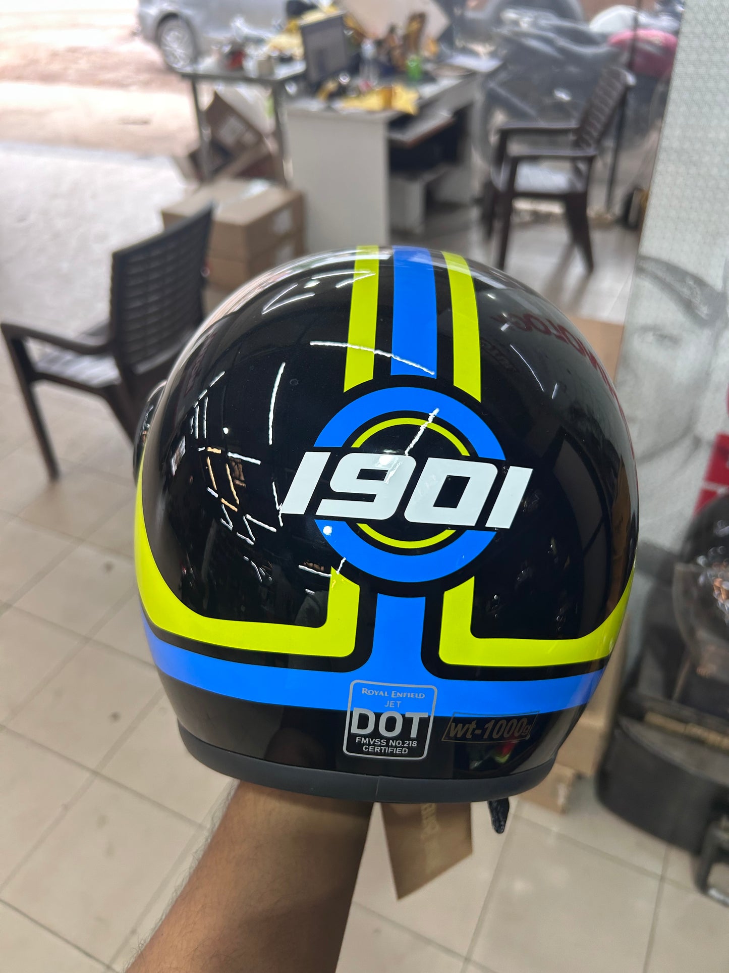 Royal Enfield Jet 1901 Open Face Helmet – Gloss Black with Yellow-Blue 1901 Graphic (Size XL – 62cm)