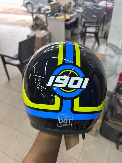 Royal Enfield Jet 1901 Open Face Helmet – Gloss Black with Yellow-Blue 1901 Graphic (Size XL – 62cm)