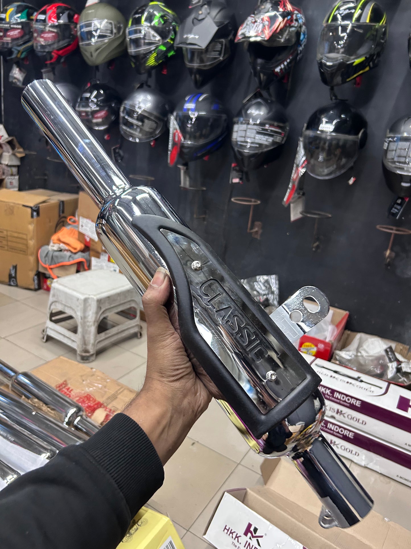 HK Indori Silencer With Heat Plate (Big Mouth, 3-Baffle) – Black/Chrome Options | For Royal Enfield Classic 350 Reborn (J-Series) & New Bullet 350 2023+ (Battalion Black)