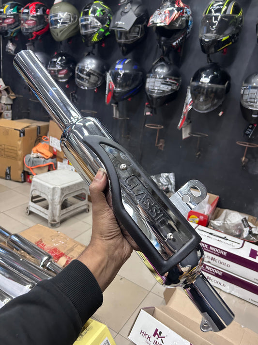 HK Indori Silencer With Heat Plate (Big Mouth, 3-Baffle) – Black/Chrome Options | For Royal Enfield Classic 350 Reborn (J-Series) & New Bullet 350 2023+ (Battalion Black)