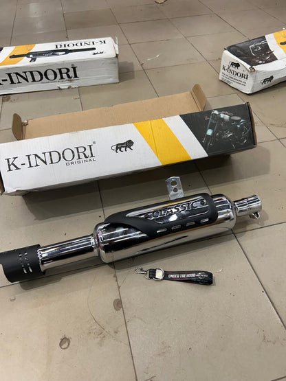 K-Indori Rocket Plate Silencer with End Cap for Royal Enfield Meteor 350 & Classic 350 Reborn – Chrome / Black Options