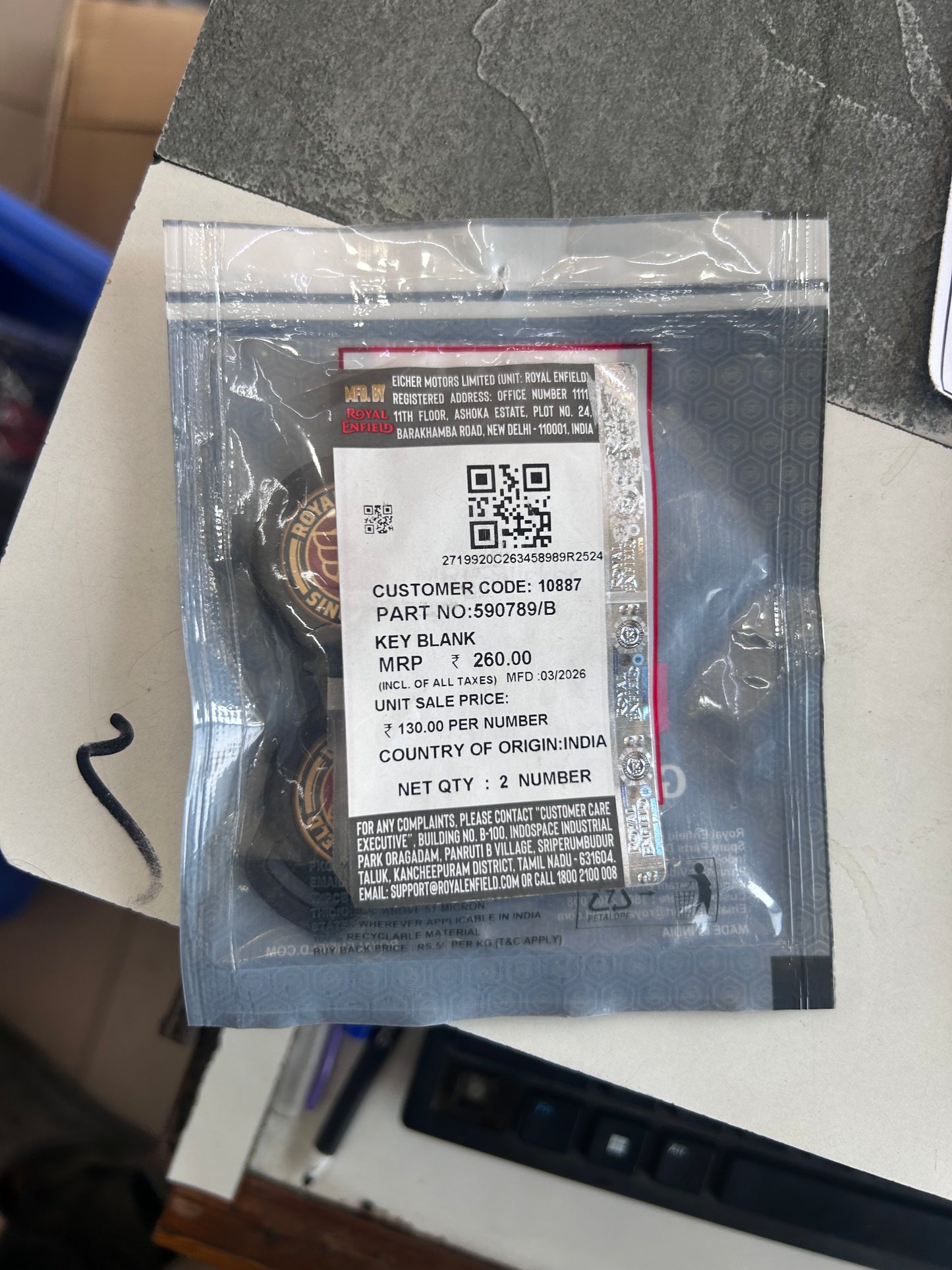 Royal Enfield Key Blank (Ignition/Fuel/Side-lock) — Bullet 350 KS – BS3 (Verified) — 590789