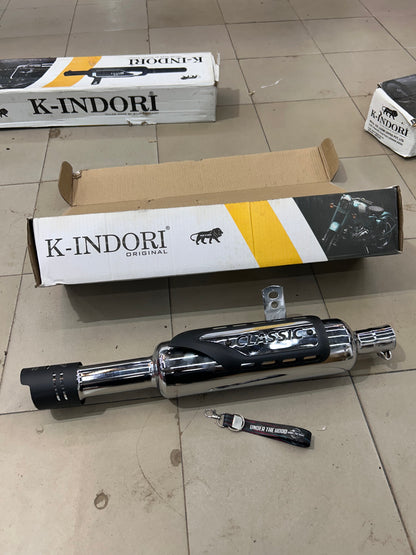 K-Indori Rocket Plate Silencer with End Cap for Royal Enfield Meteor 350 & Classic 350 Reborn – Chrome / Black Options