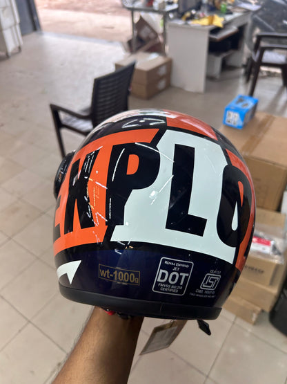 Royal Enfield Jet Open Face Helmet – EXPLORE Orange Blue Design – XL (62 cm) – ISI & DOT Certified