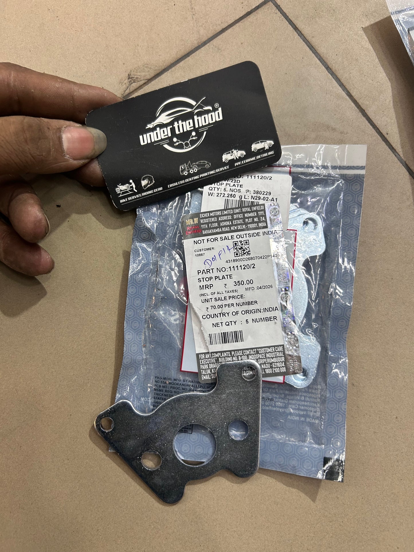 Stop Plate, Foot Control for Royal Enfield Bullet 350/500, Electra 4S, Lightning 535 (4-Speed Retired Models) | 111120/2 | Genuine OEM