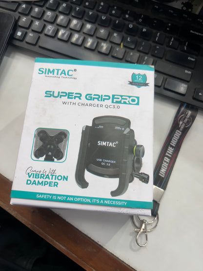 Simtac Super Grip Pro Mobile Holder with QC3.0 Charger & Vibration Damper – Universal Bike & Scooter Phone Mount