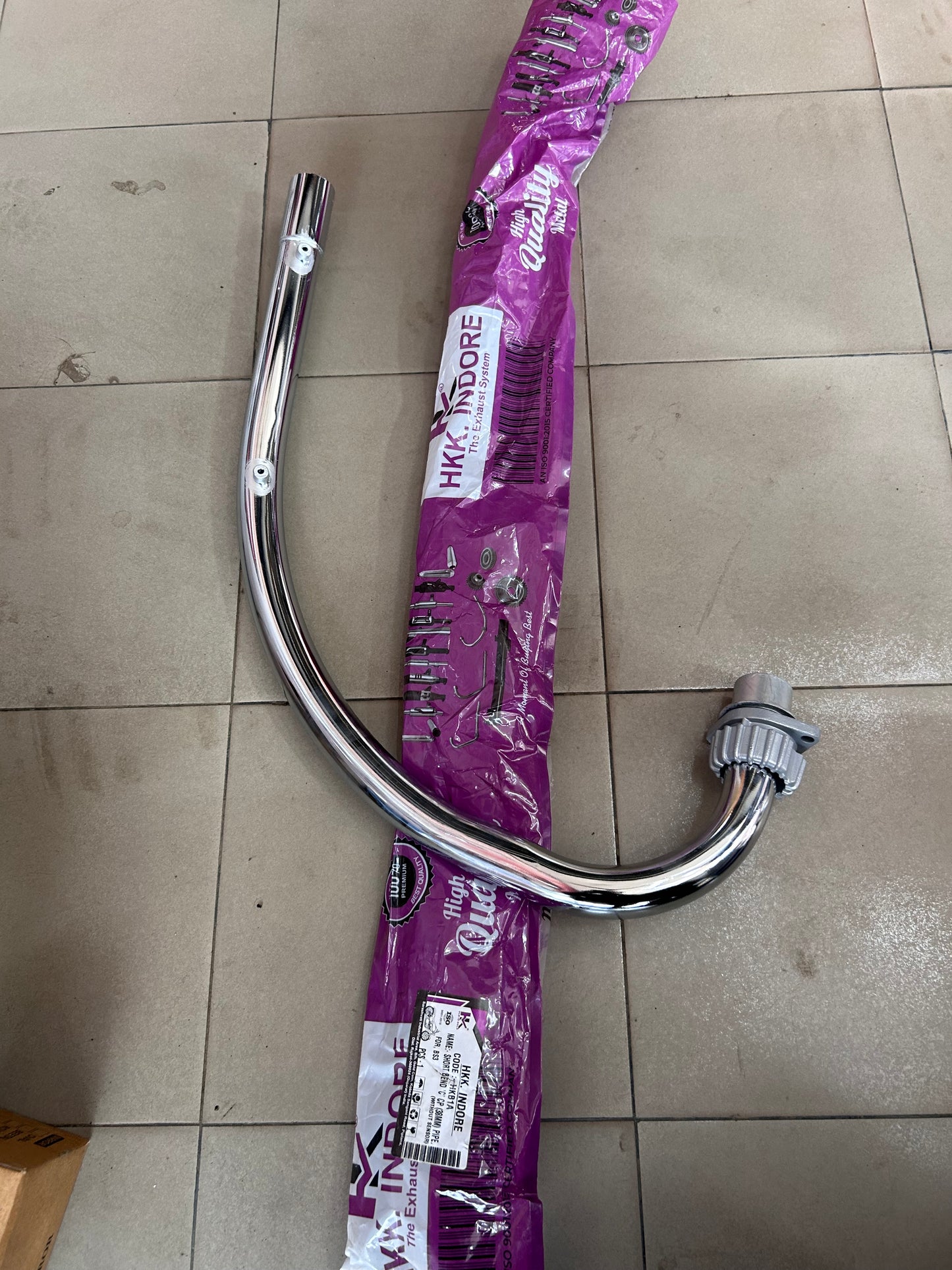 HKK Indore “C” Type Bend Pipe (Chrome, 38mm) for Royal Enfield UCE BS3/BS4 – Without O2 Sensor Port – Code HKKB1A