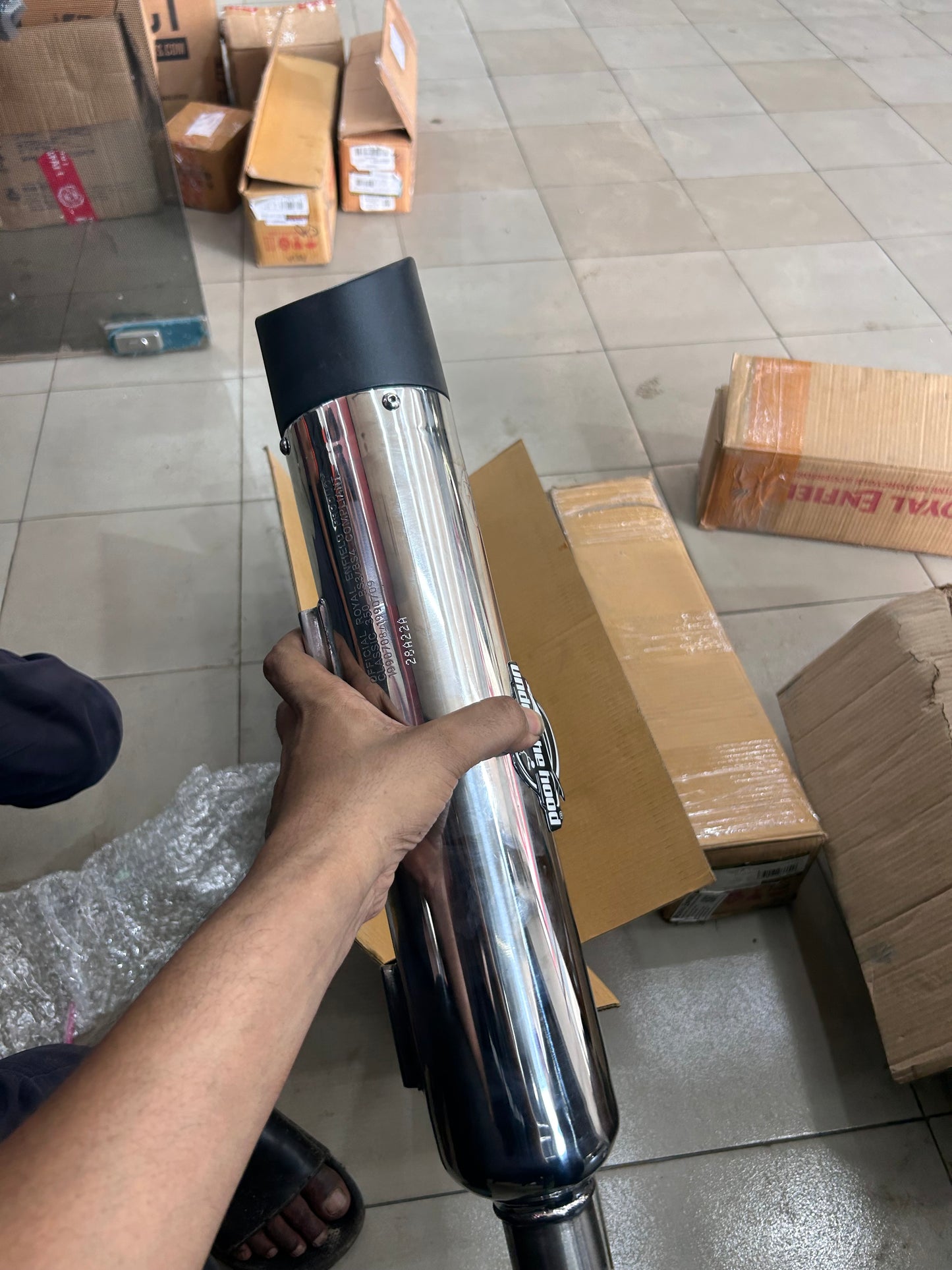 Royal Enfield 1990715 Silver & Black Slashcut Silencer-IN — Genuine OEM Exhaust for Classic 350 / 500 UCE