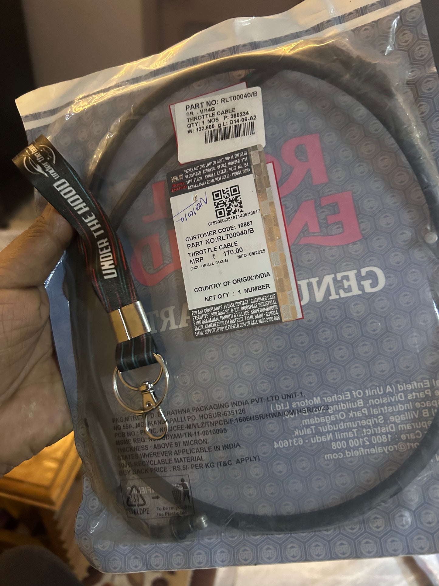 Royal Enfield Throttle Cable (Accelerator Cable) — Bullet 350 BS6 (X & Standard, KS/ES, ABS) — RLT00040/B | Genuine OE