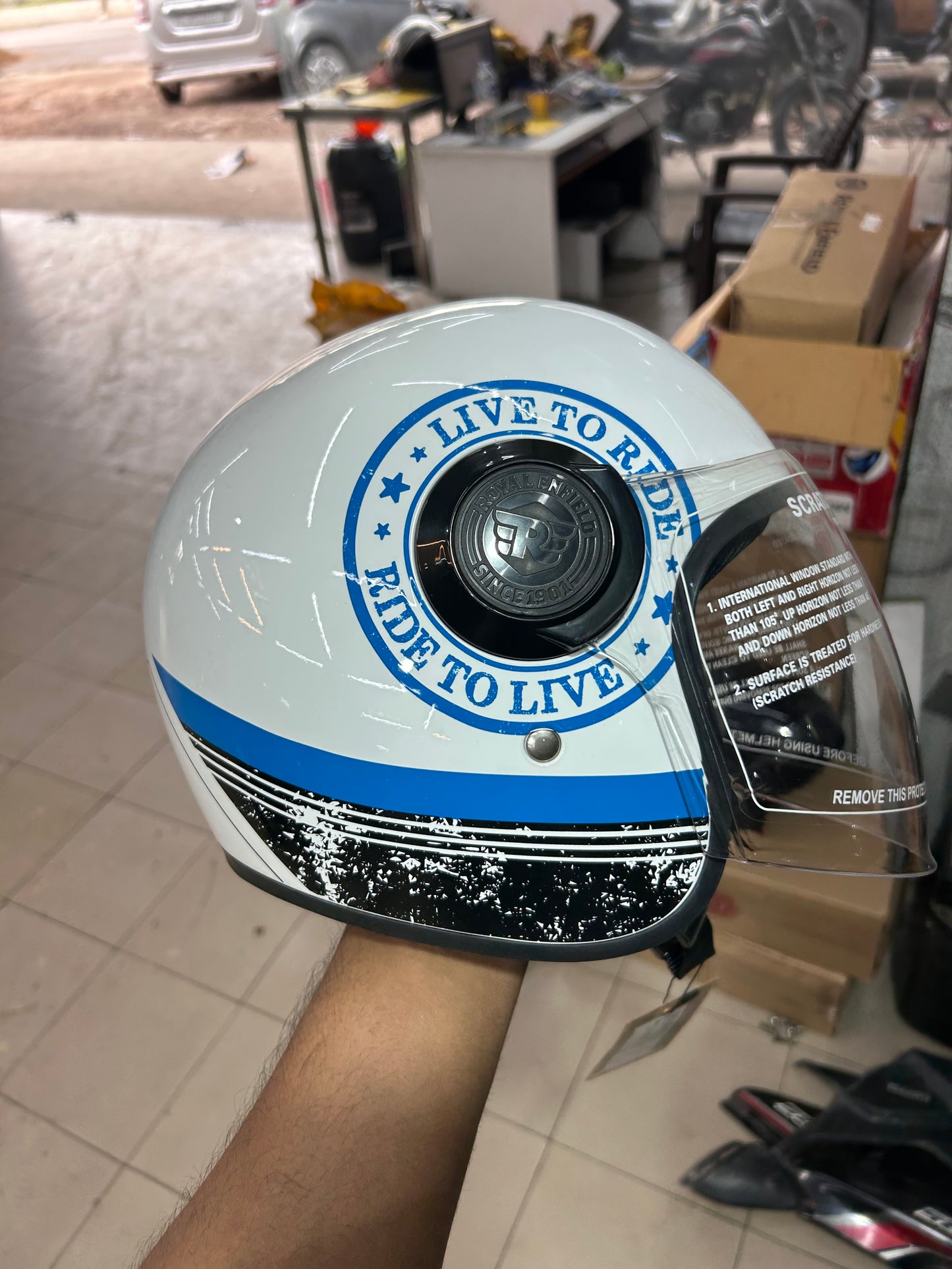 Royal Enfield Copter Helmet White Blue – LTR Edition (SBH-65