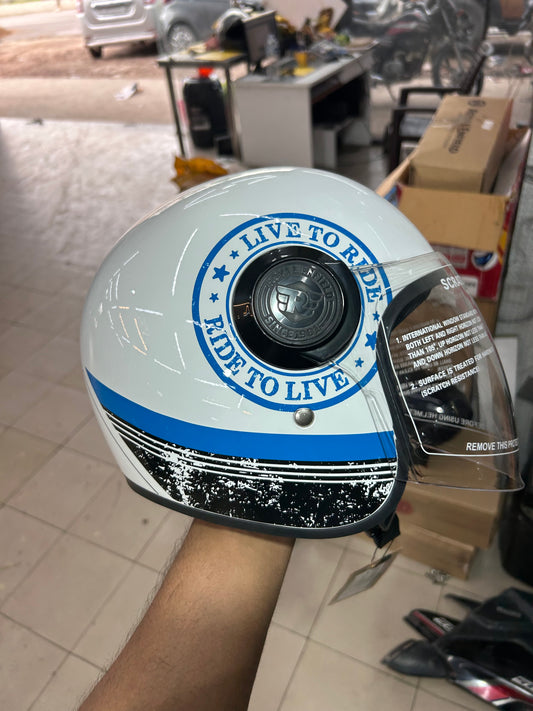 Royal Enfield Copter Helmet SBH-65 – White & Blue | LTR Edition | DOT & ISI Certified