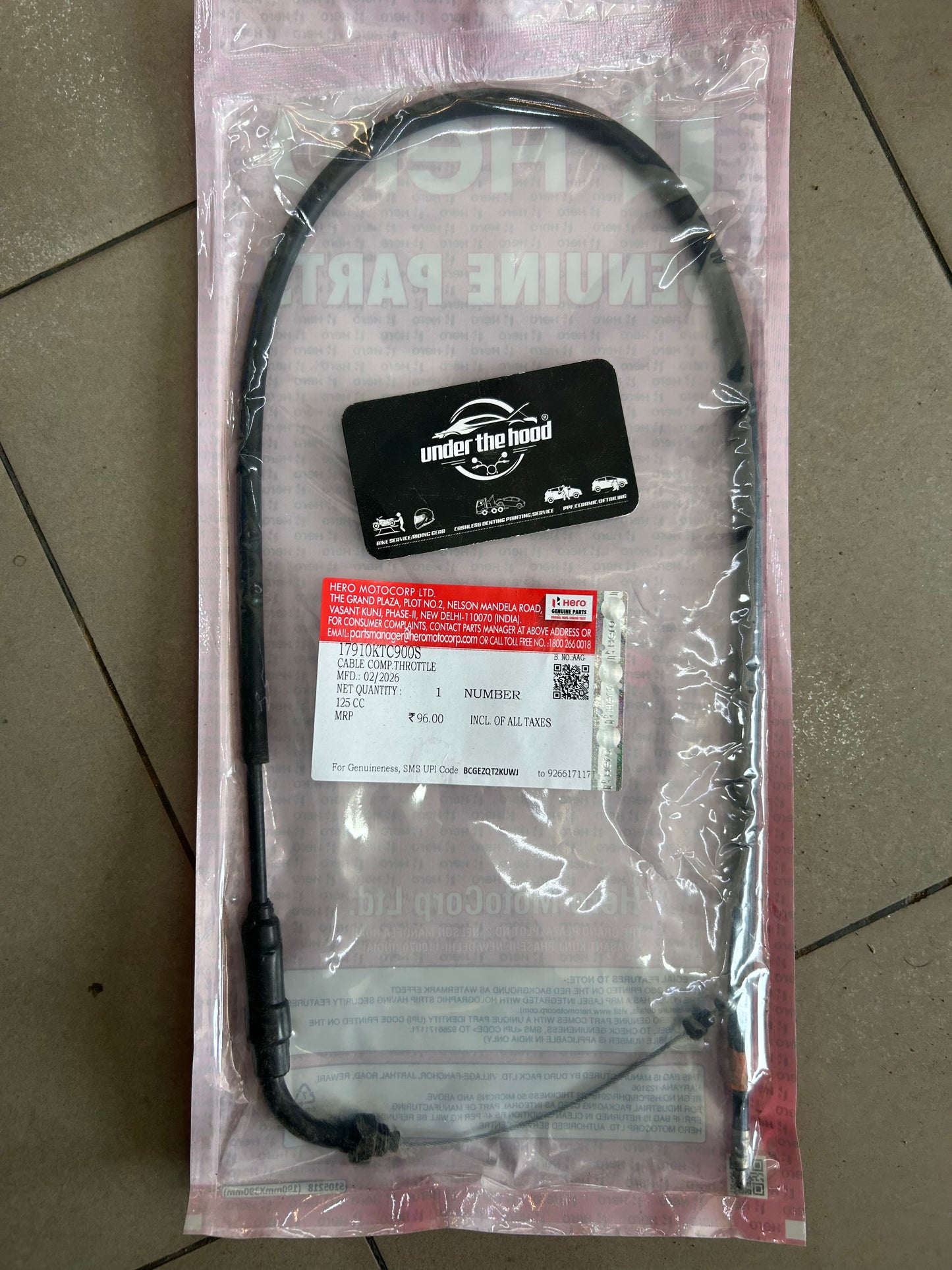 Hero Genuine Throttle / Accelerator Cable for Super Splendor & Glamour | Throttle Cable / Grip Wire | 17910KTC900S