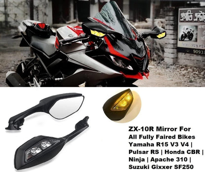 ZX6R MIRROR FOR R15 Rear View Side Mirror With Turn Signal Led Indicators Motorcycle Side Rearview Mirrors Adjustable Compatible With R15-V3, V4 Kawasaki Ninja, Zx-10R Bikes, Pack Of 1