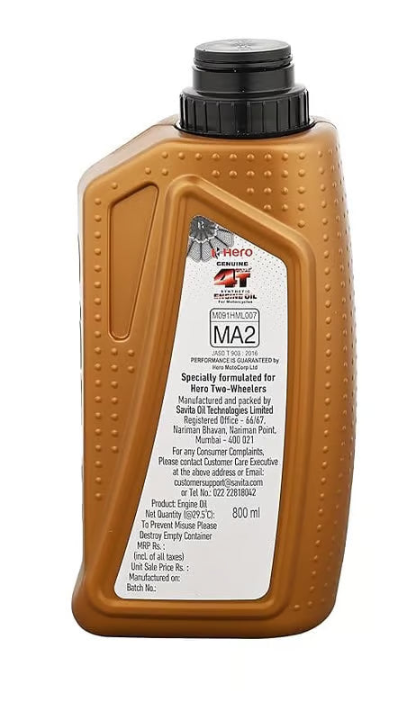 Hero Genuine 4T Plus 10W-30 Synthetic Engine Oil (API SL, JASO MA2) – Bikes (Wet Clutch Safe) – 800/900/1000/1200ml Options – SPDMCYL01SS