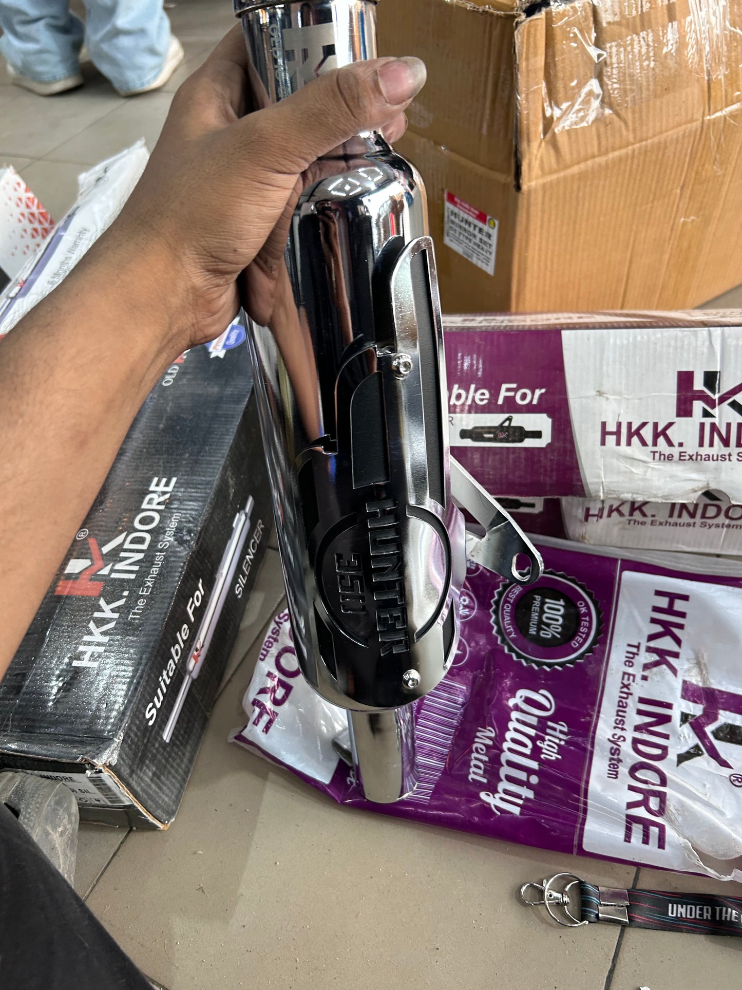 HKK Indore Chrome Silencer with Hunter 350 Heat Shield for Royal Enfield Hunter 350