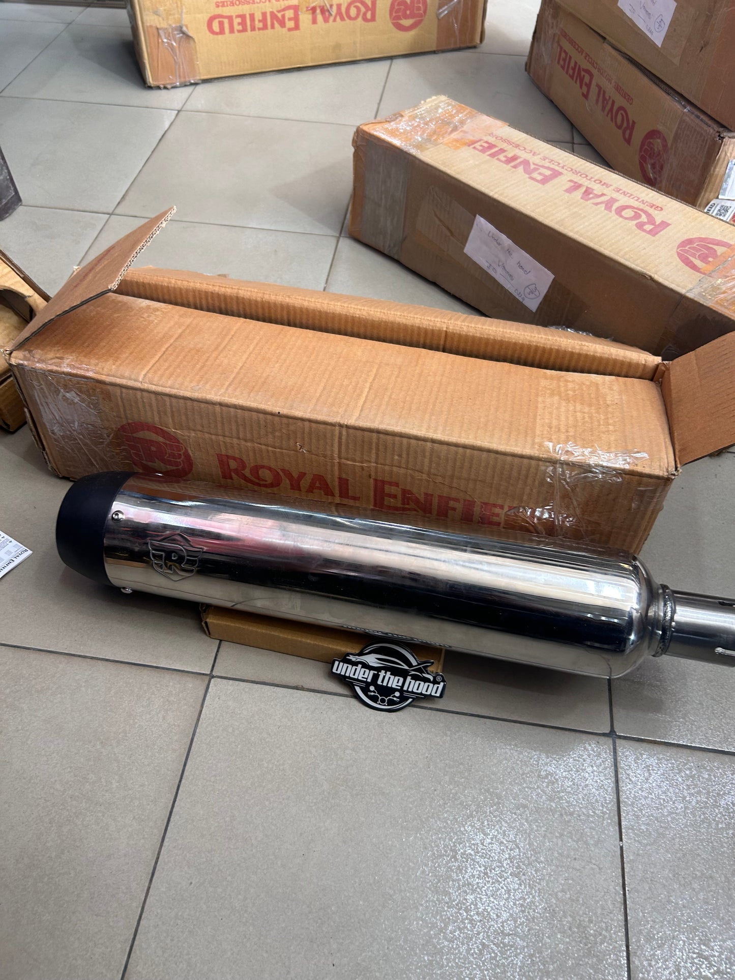 Royal Enfield 1990719 Silver & Black Tapered Silencer-IN — OEM Exhaust for Classic UCE