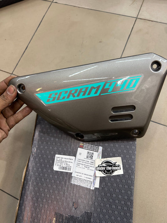 Royal Enfield RAV01742/A - Side Panel RH with Decal - SILVER WITH CYAN for Scram 440 - OEM