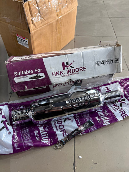 HKK Indore Chrome Silencer with Hunter 350 Heat Shield for Royal Enfield Hunter 350
