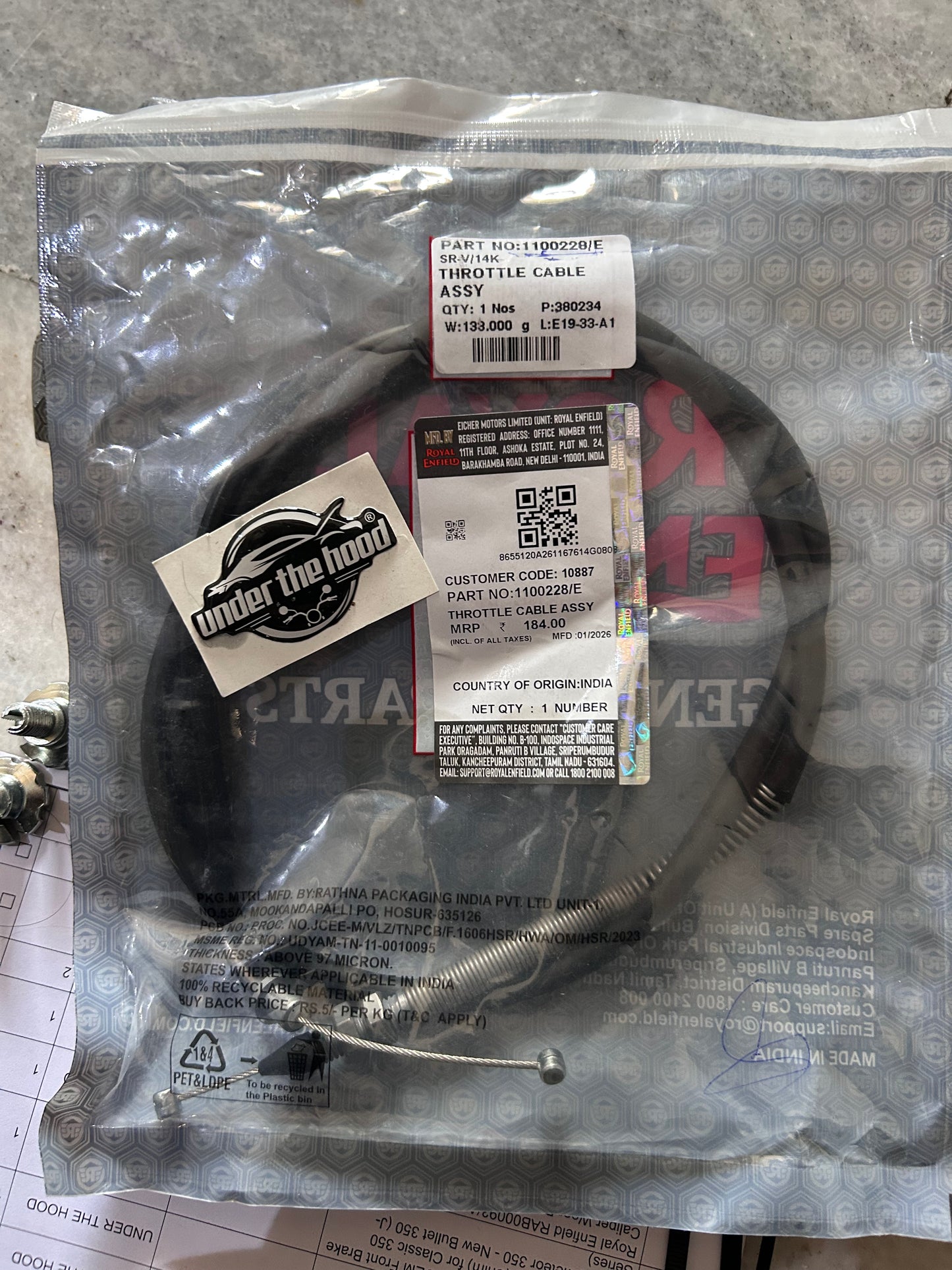 Genuine Throttle Cable Assembly for Royal Enfield Classic 350 Reborn (BS6) | 1100228/E