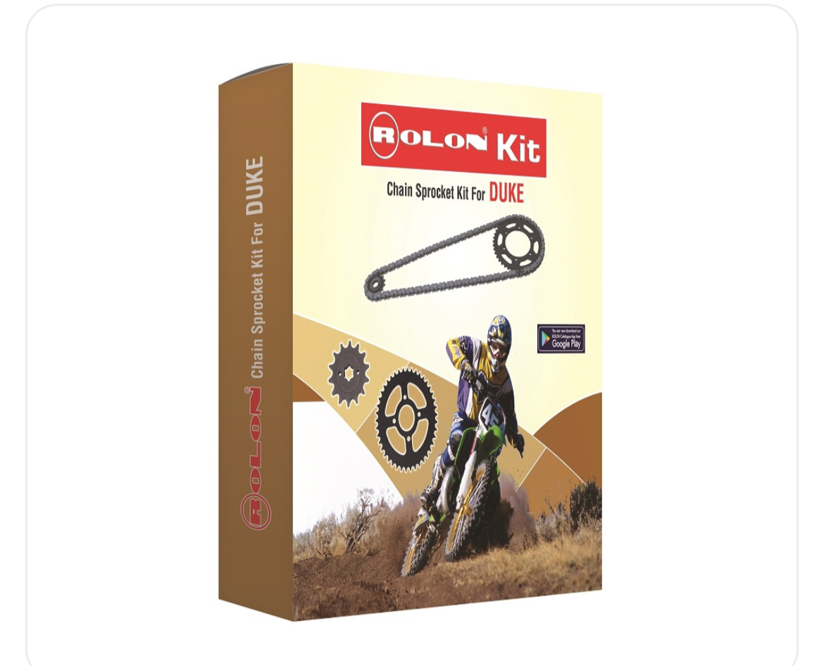 Box packaging for a chain and sprocket kit labeled as 'HXR 199 Chain Kit for KTM DUKE 390', featuring an image of a motorcycle on the front.