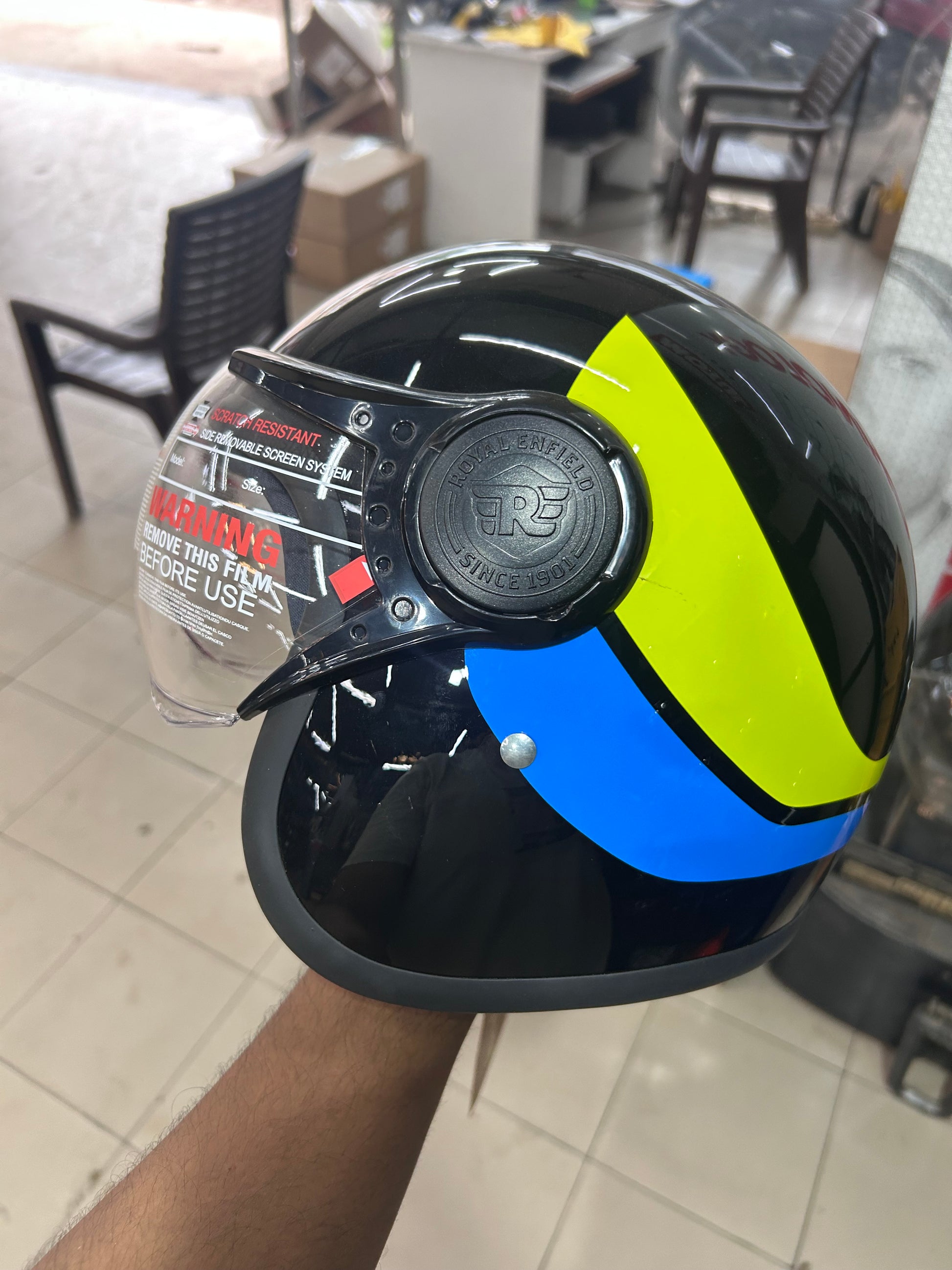 Royal Enfield Jet 1901 Open Face Helmet – Gloss Black with Yellow-Blue 1901  Graphic (Size XL – 62cm) L 600mm