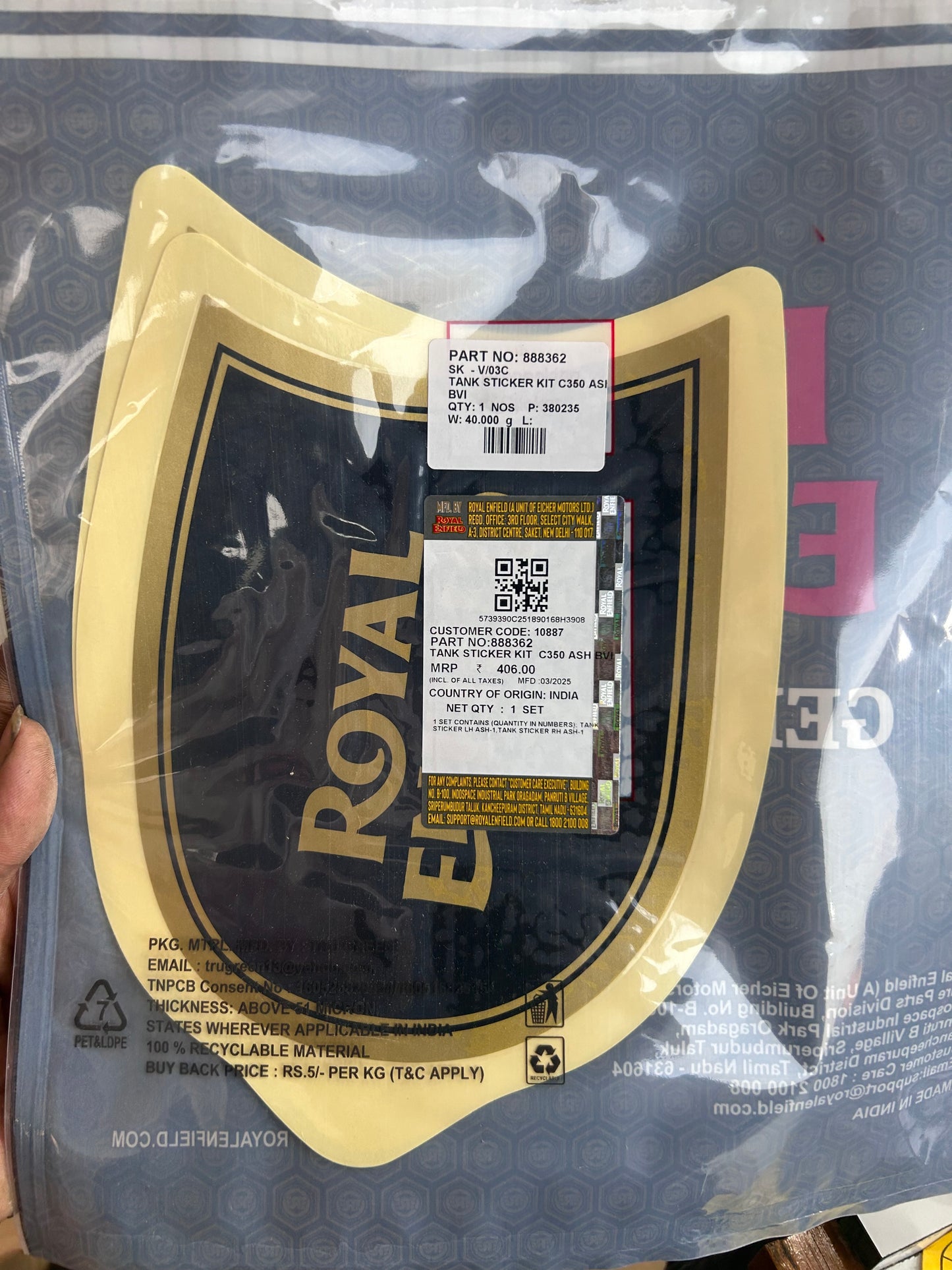 Genuine Royal Enfield 888362 tank sticker kit for Classic 350 Ash BVI