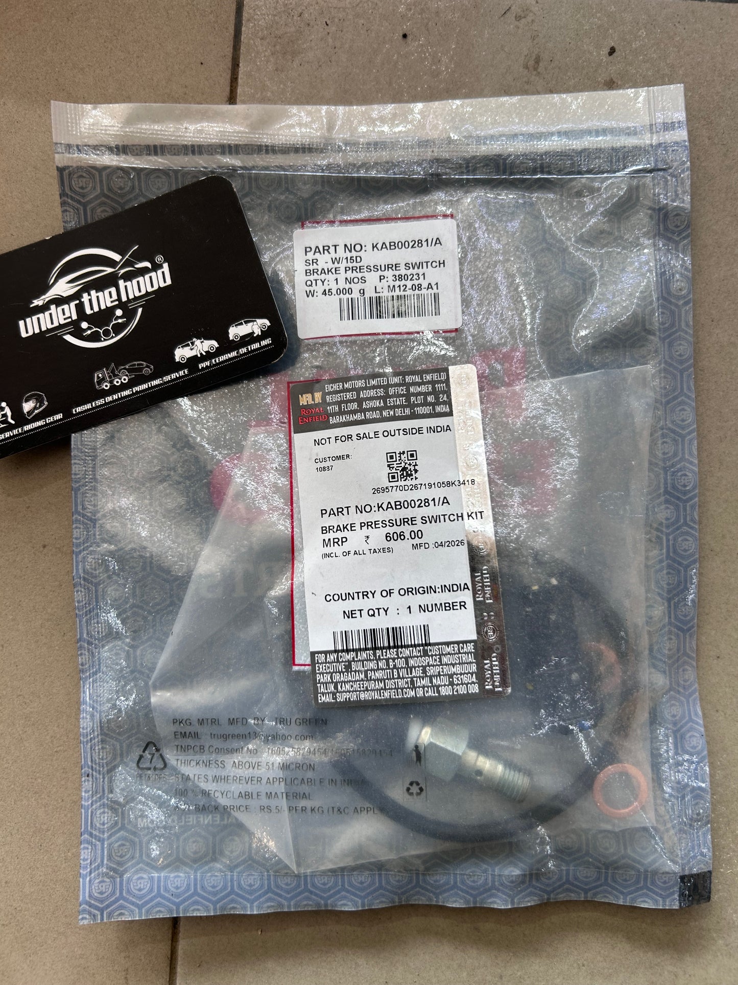 Royal Enfield Brake Pressure Switch Kit for Himalayan Scram 411, Scram 440, Interceptor 650, Continental GT 650 & Bear 650 – KAB00281/A