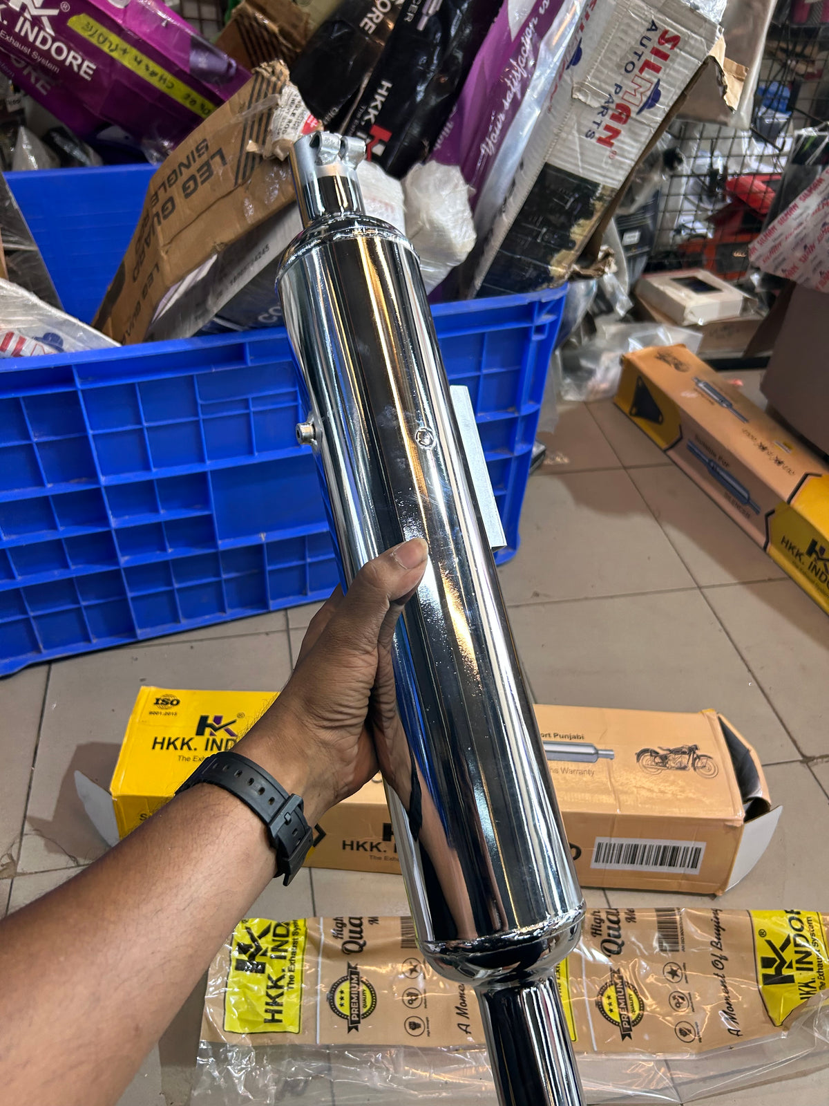 HKK Indore Stock-Style Replica Silent Silencer – Royal Enfield Classic 350 Reborn J-Series | Chrome / Black