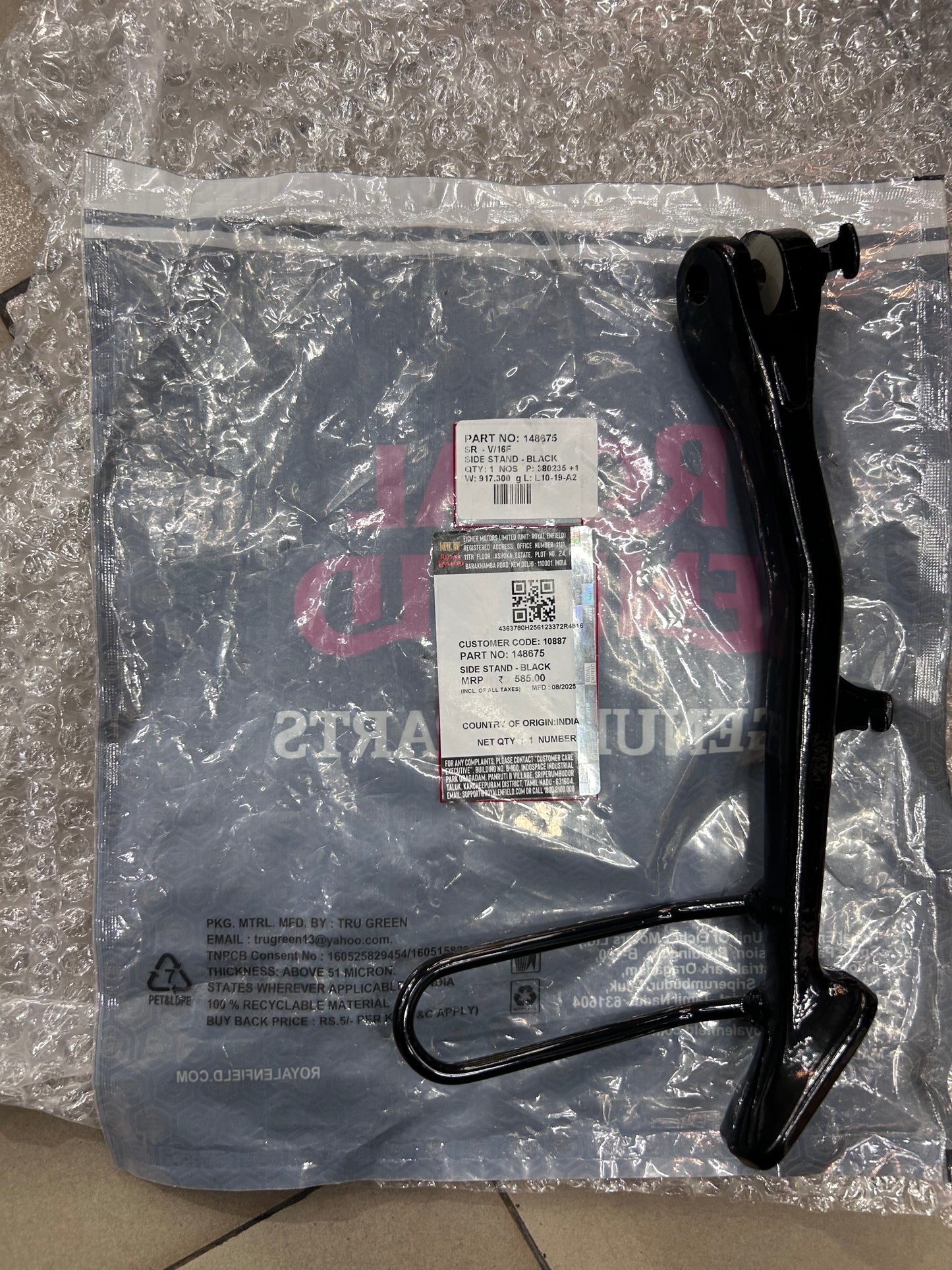 Royal Enfield 148675/A – Powder‑Coated Side Stand Assembly (Black) for 650 Twins