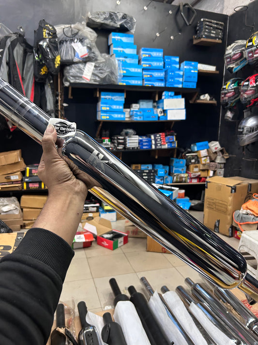 HK Long Punjab Silencer Big Mouth (Chrome) for Royal Enfield Classic 350 Reborn (J-Series) & New Bullet 350 2023+ (Battalion Black)