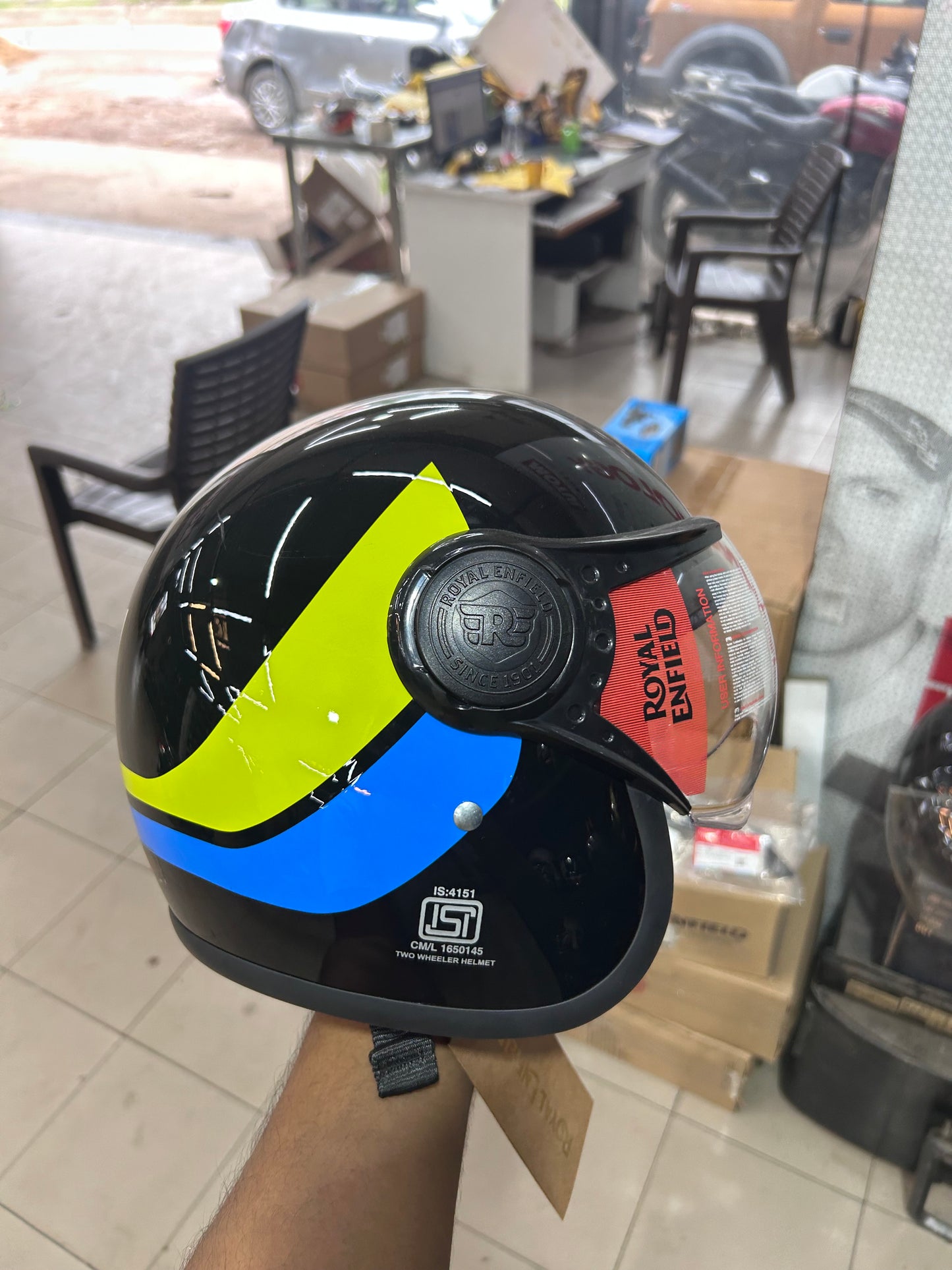Royal Enfield Jet 1901 Open Face Helmet – Gloss Black with Yellow-Blue 1901 Graphic (Size XL – 62cm)