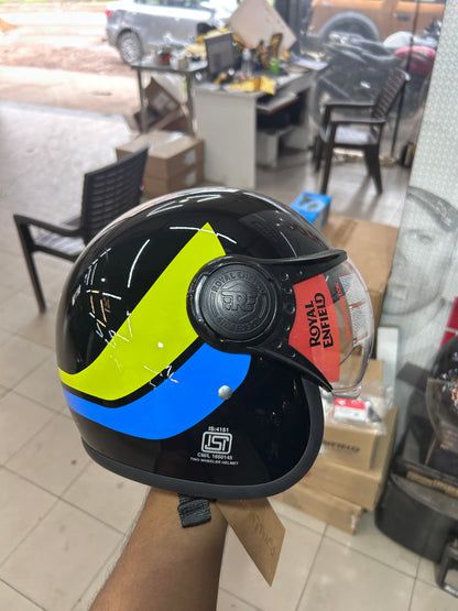 Royal Enfield Jet 1901 Open Face Helmet – Gloss Black with Yellow-Blue 1901 Graphic (Size XL – 62cm)