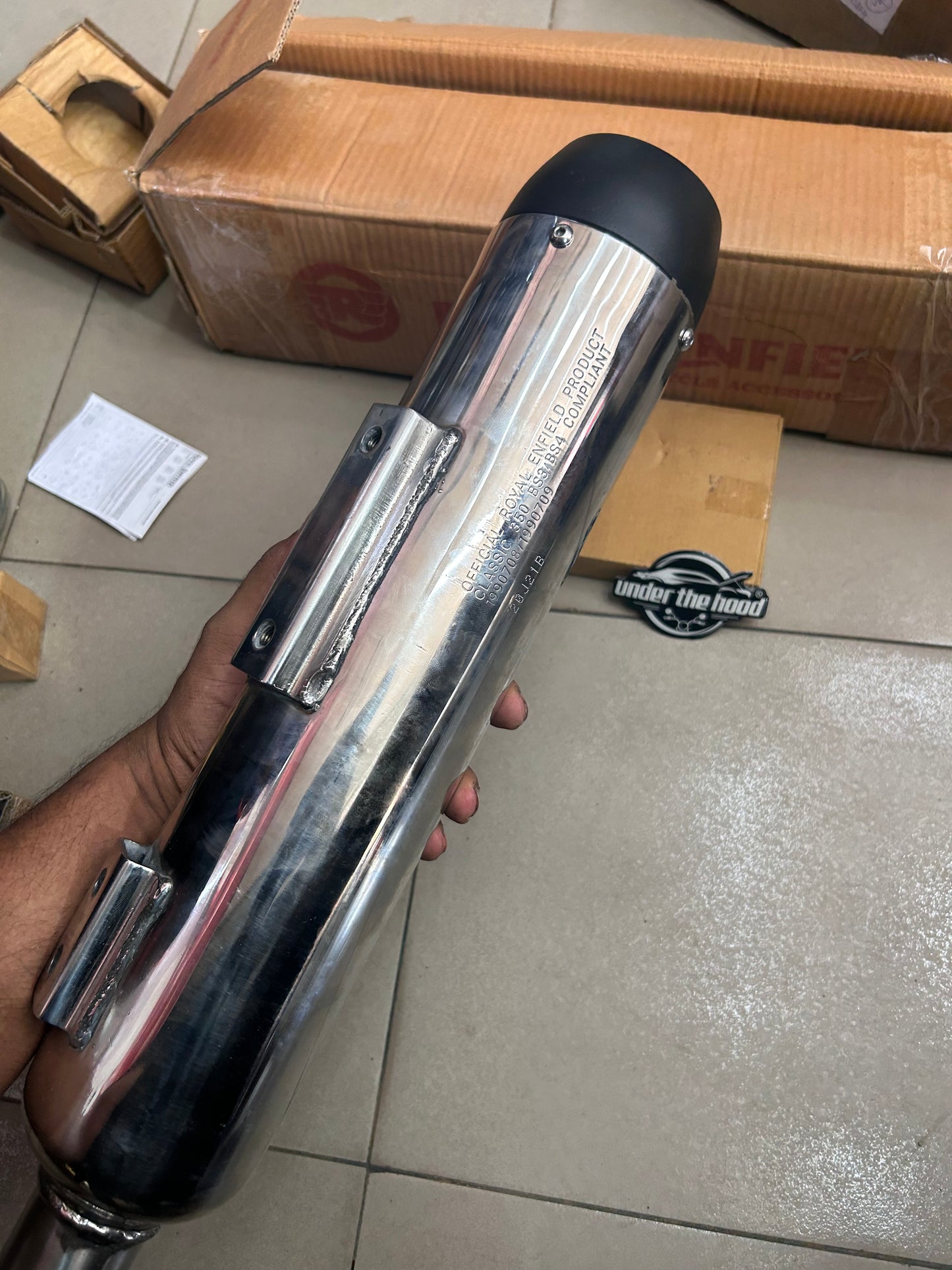 Royal Enfield 1990719 Silver & Black Tapered Silencer-IN — OEM Exhaust for Classic UCE